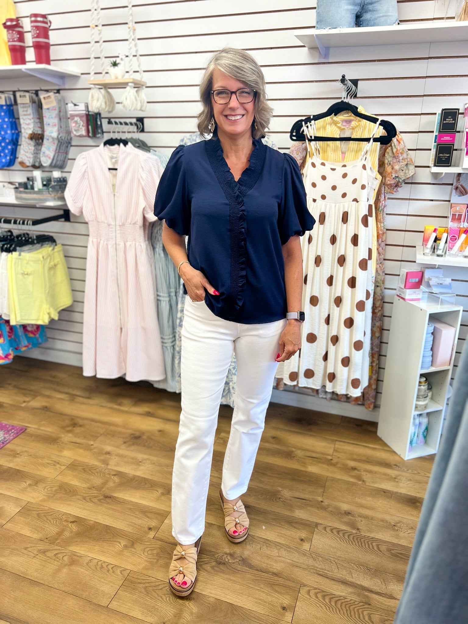 Navy V-Neck Ruffle Trim Top with Short Puff Sleeves - A'Bekah's Boutique