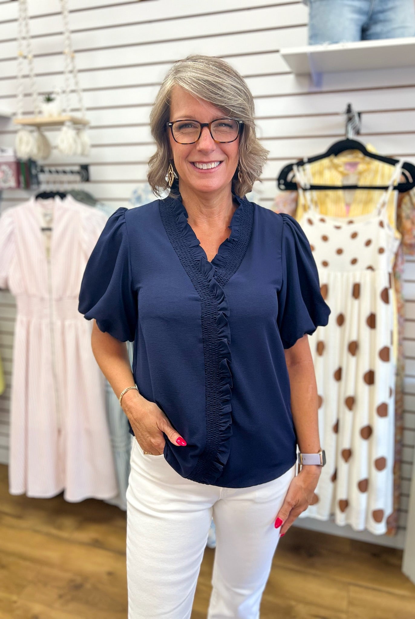 Navy V-Neck Ruffle Trim Top with Short Puff Sleeves - A'Bekah's Boutique