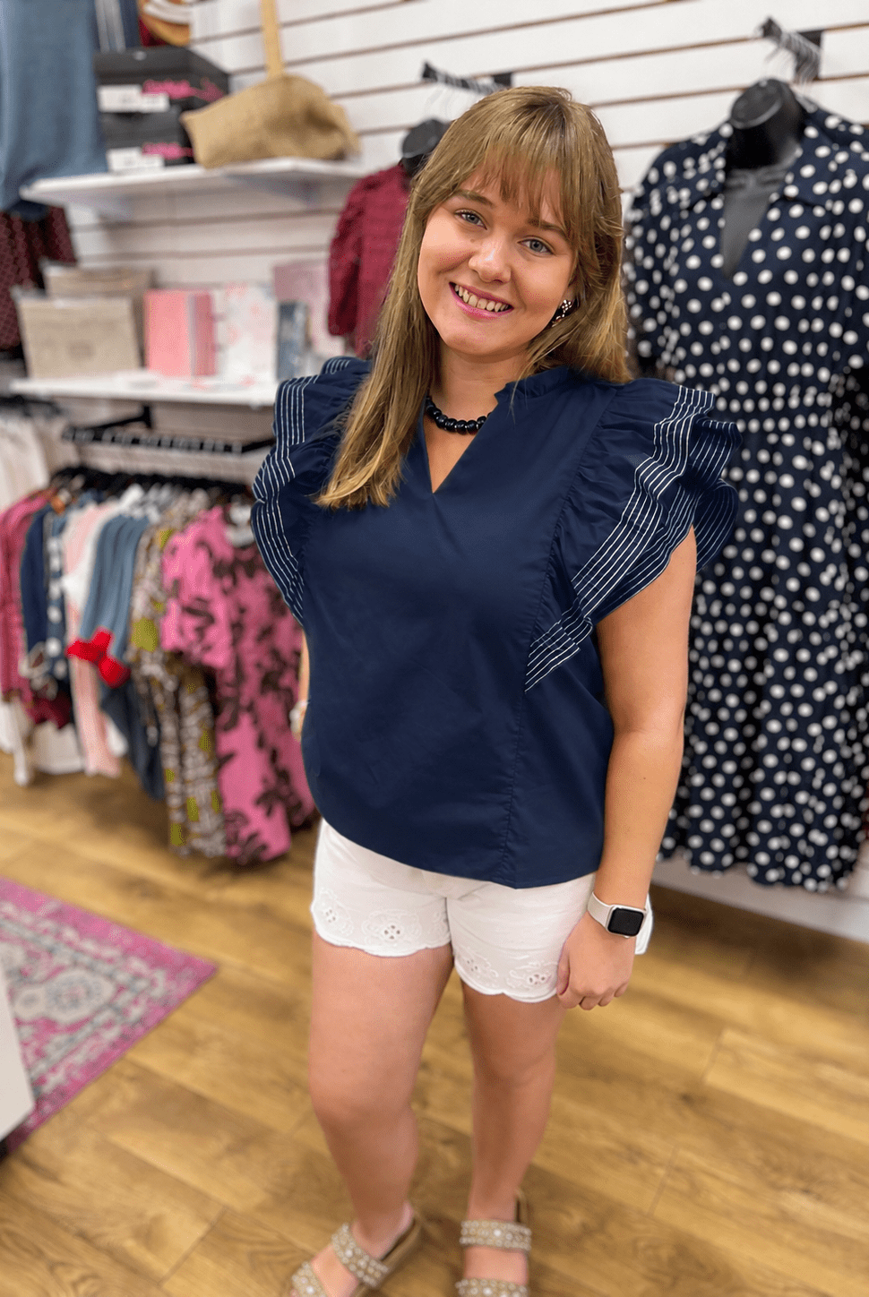 Navy V-Neck Top with Short Ruffle Sleeves - A'Bekah's Boutique