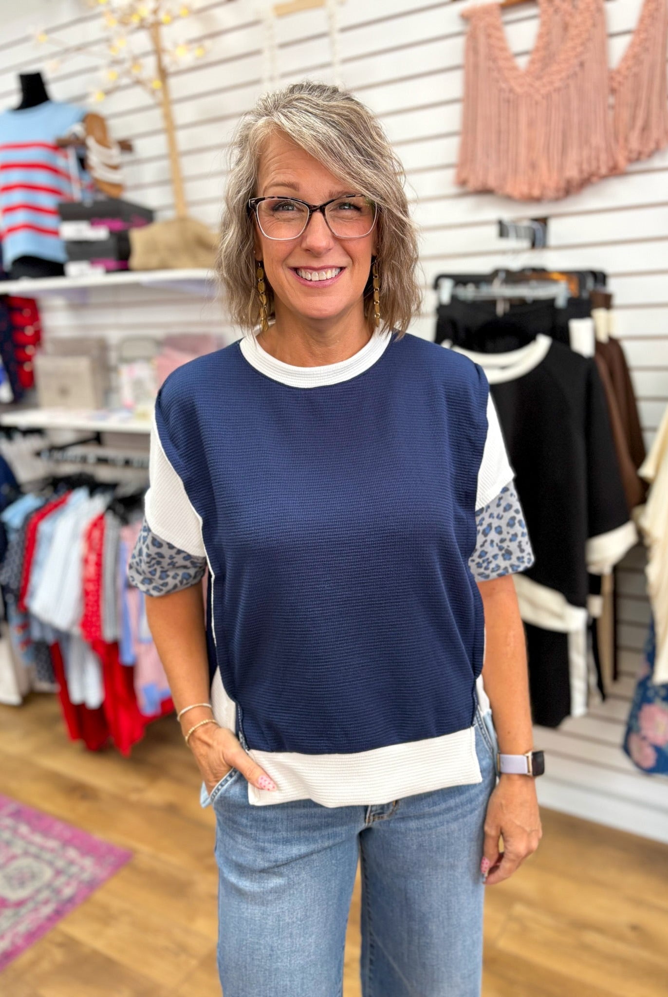 Navy Waffle Knit Top with Leopard Sleeve Accents - A'Bekah's Boutique