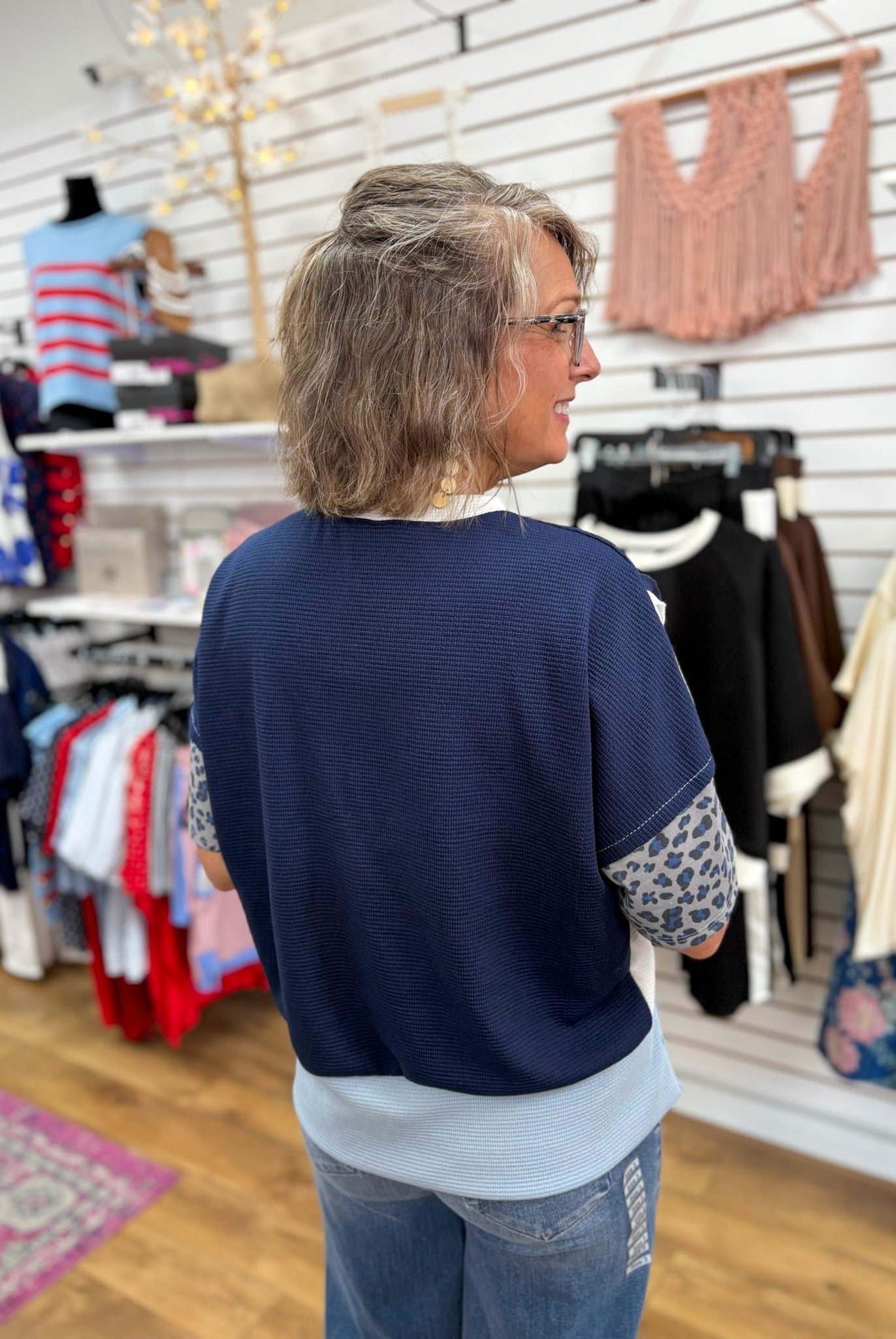 Navy Waffle Knit Top with Leopard Sleeve Accents - A'Bekah's Boutique