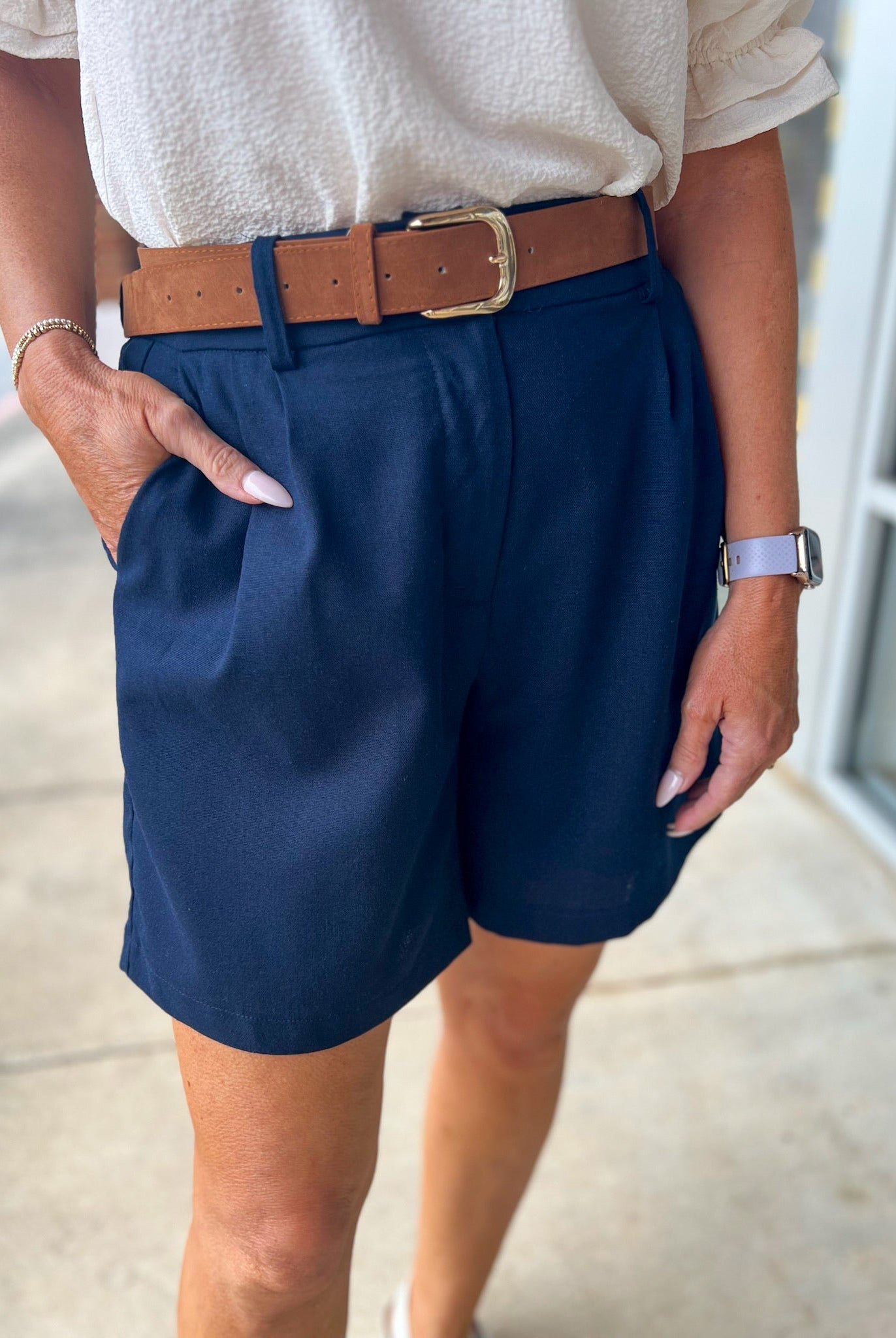 Navy Woven Linen Blend Shorts with Belt - A'Bekah's Boutique