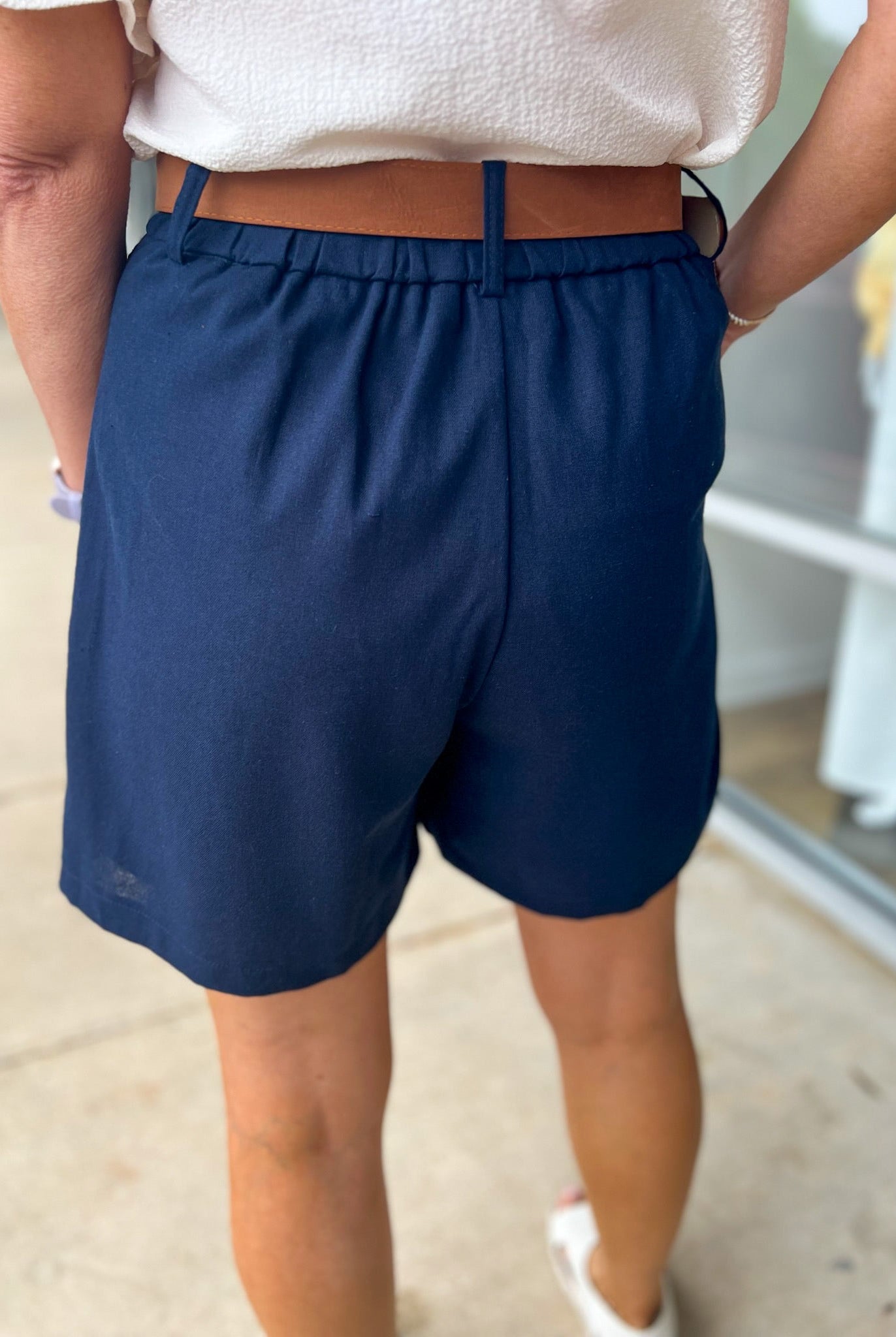 Navy Woven Linen Blend Shorts with Belt - A'Bekah's Boutique