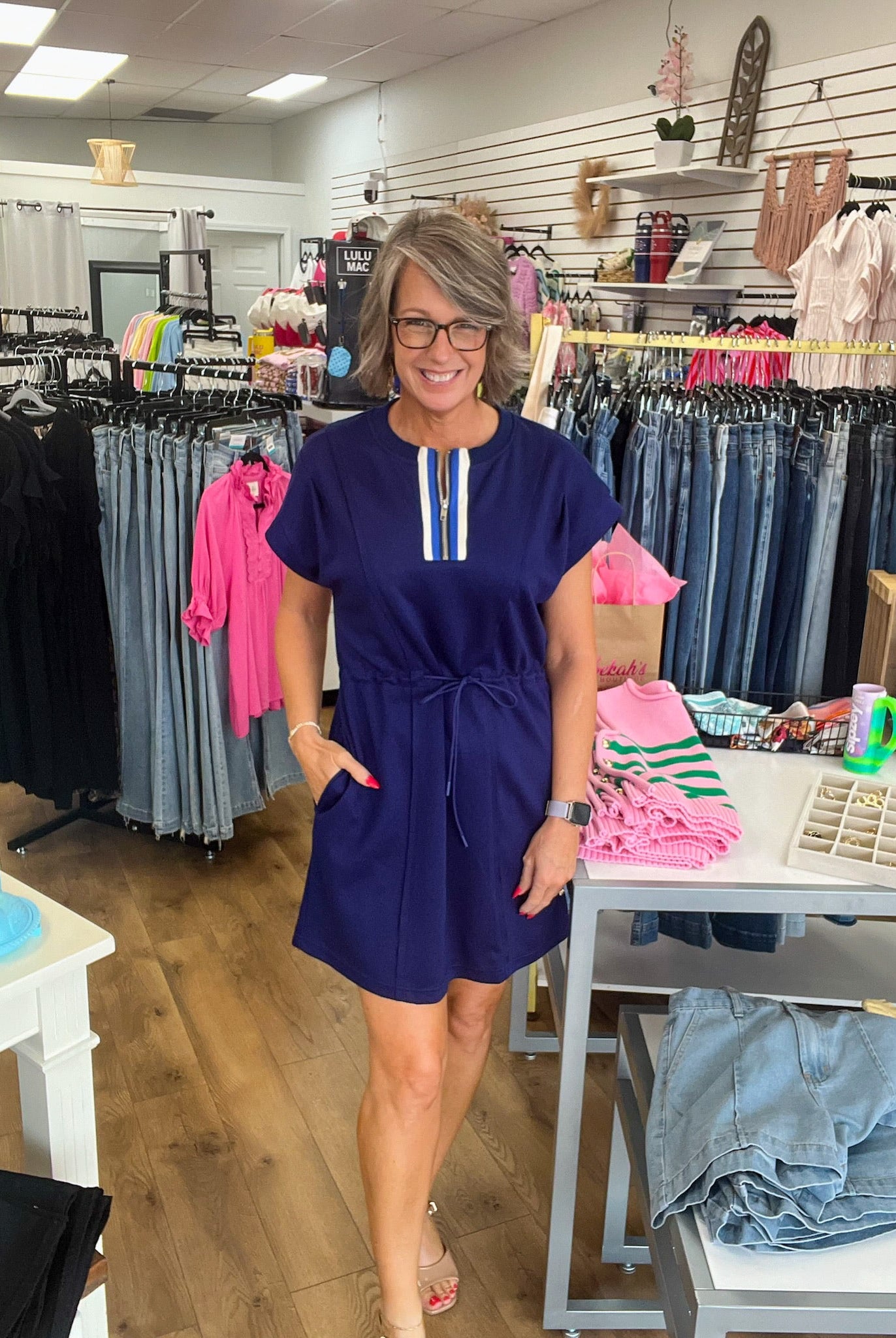 Navy Zip Front Dress with Contrast Trim and Drawstring Waist - A'Bekah's Boutique