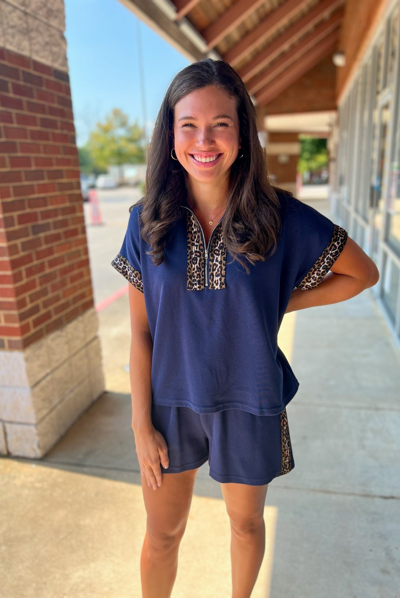 Navy Zip Front Short Set with Leopard Contrast Details - A'Bekah's Boutique