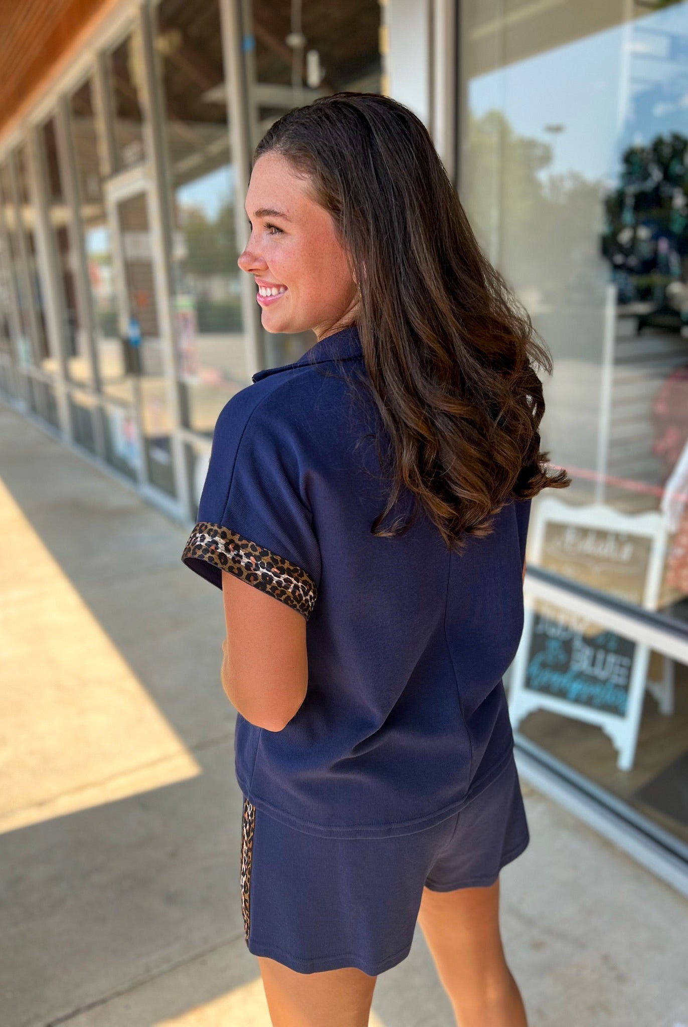 Navy Zip Front Short Set with Leopard Contrast Details - A'Bekah's Boutique