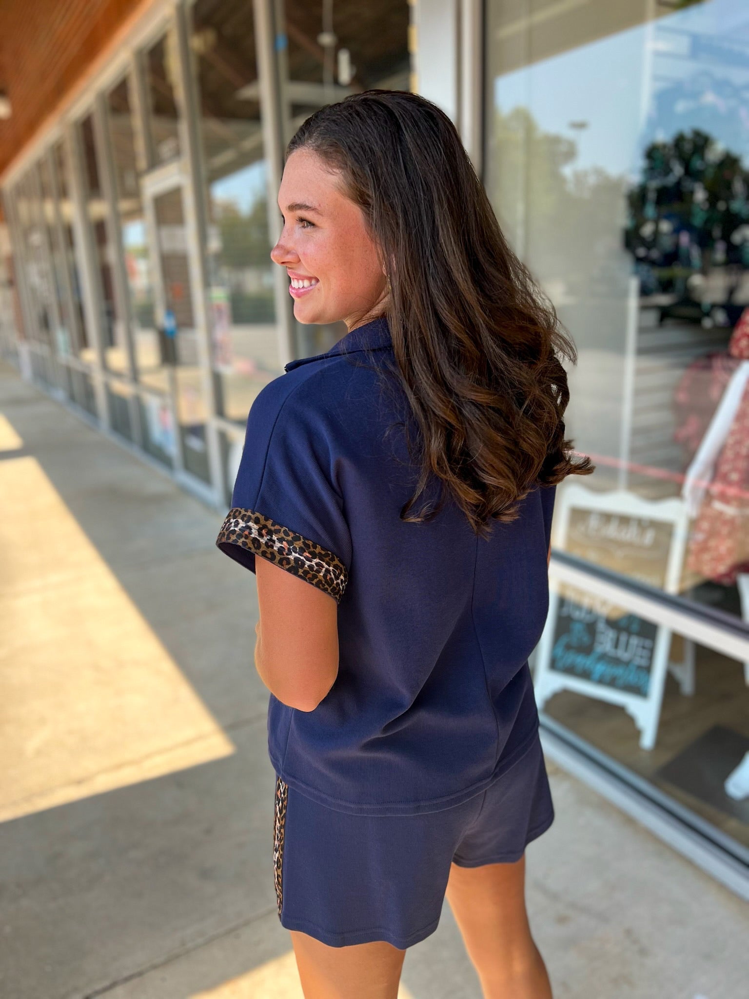 Navy Zip Front Short Set with Leopard Contrast Details - A'Bekah's Boutique