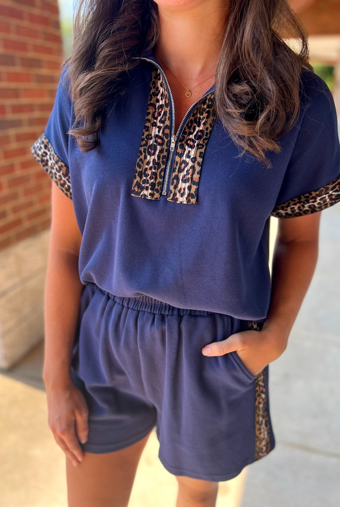 Navy Zip Front Short Set with Leopard Contrast Details - A'Bekah's Boutique