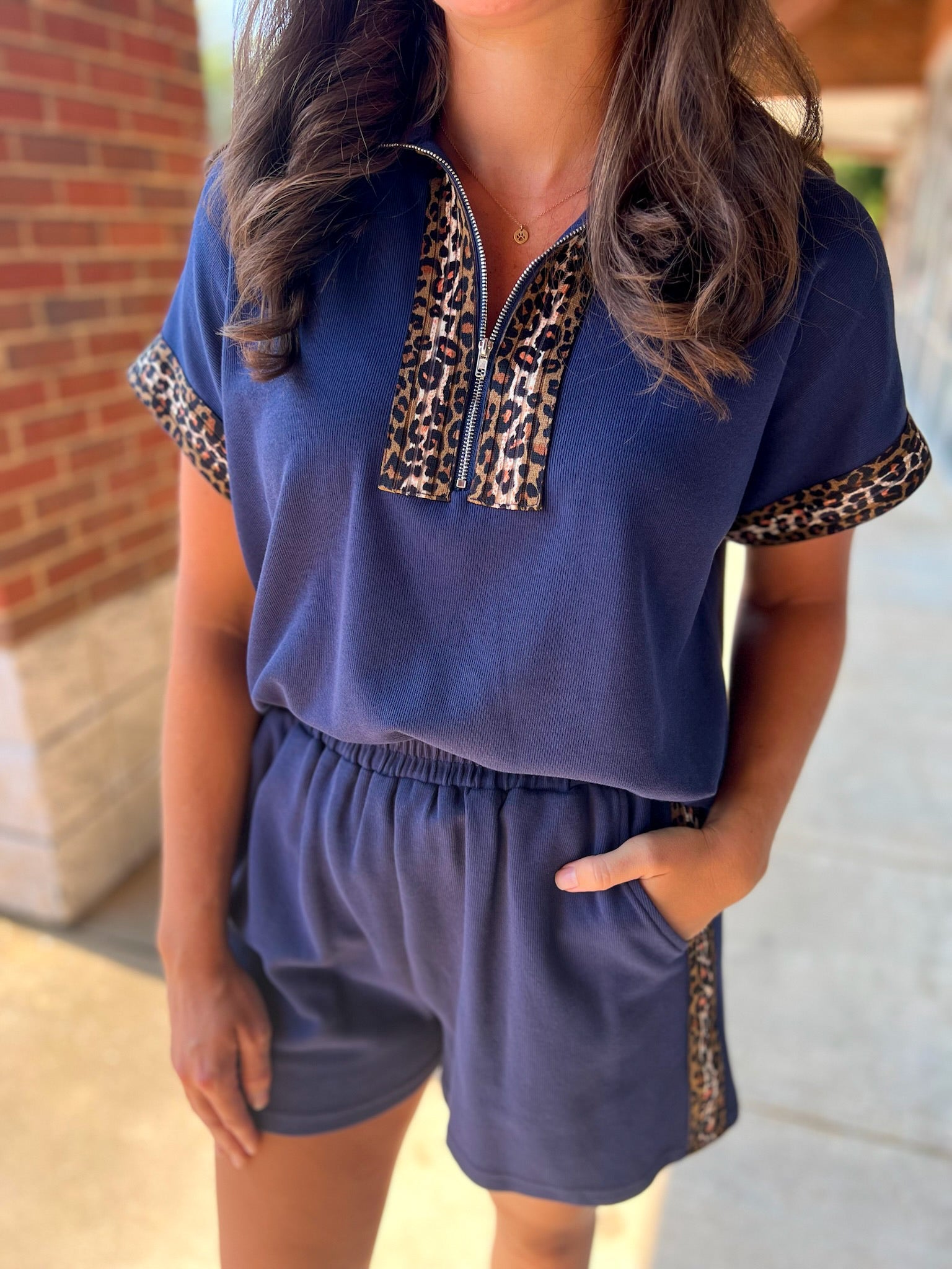 Navy Zip Front Short Set with Leopard Contrast Details - A'Bekah's Boutique