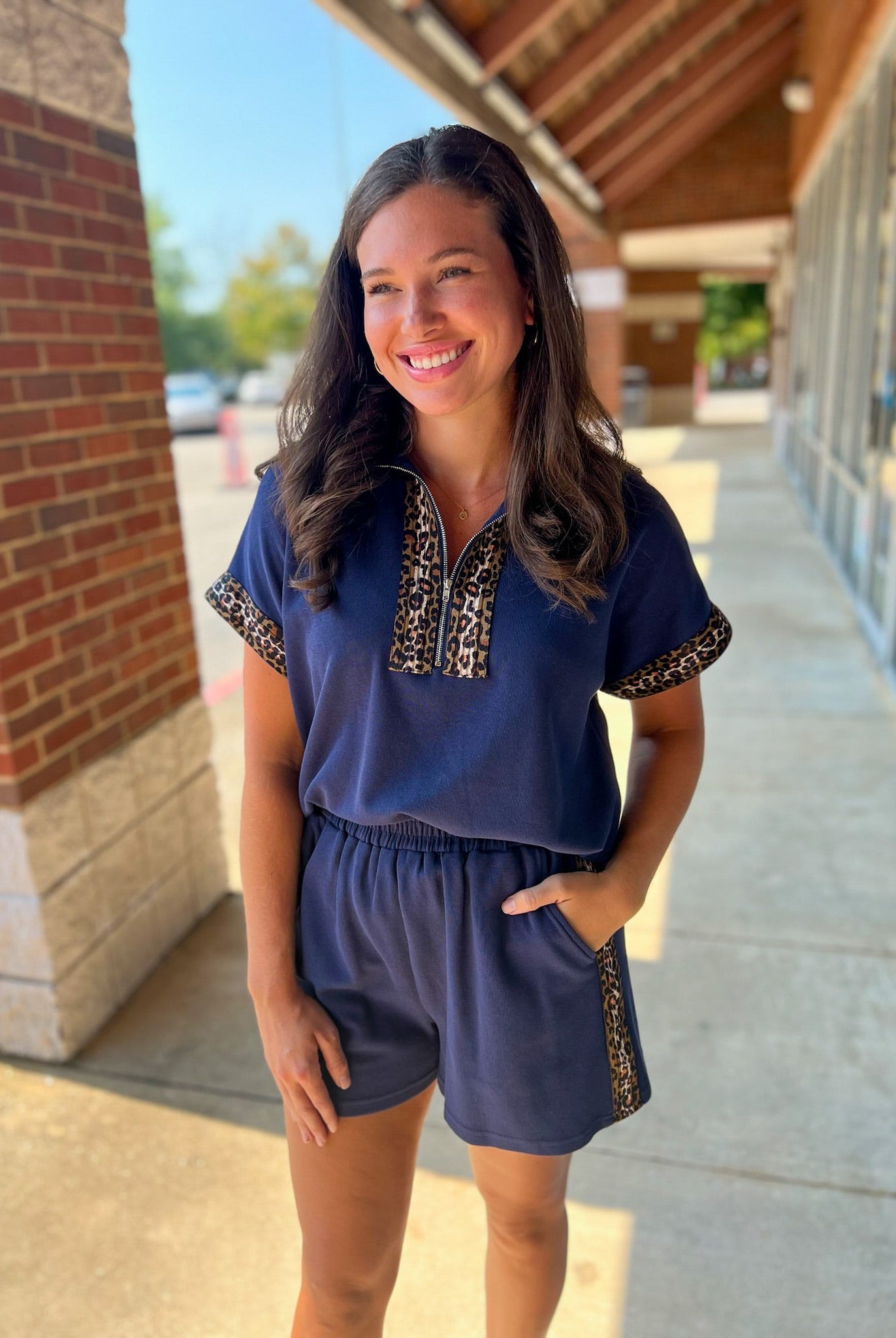 Navy Zip Front Short Set with Leopard Contrast Details - A'Bekah's Boutique