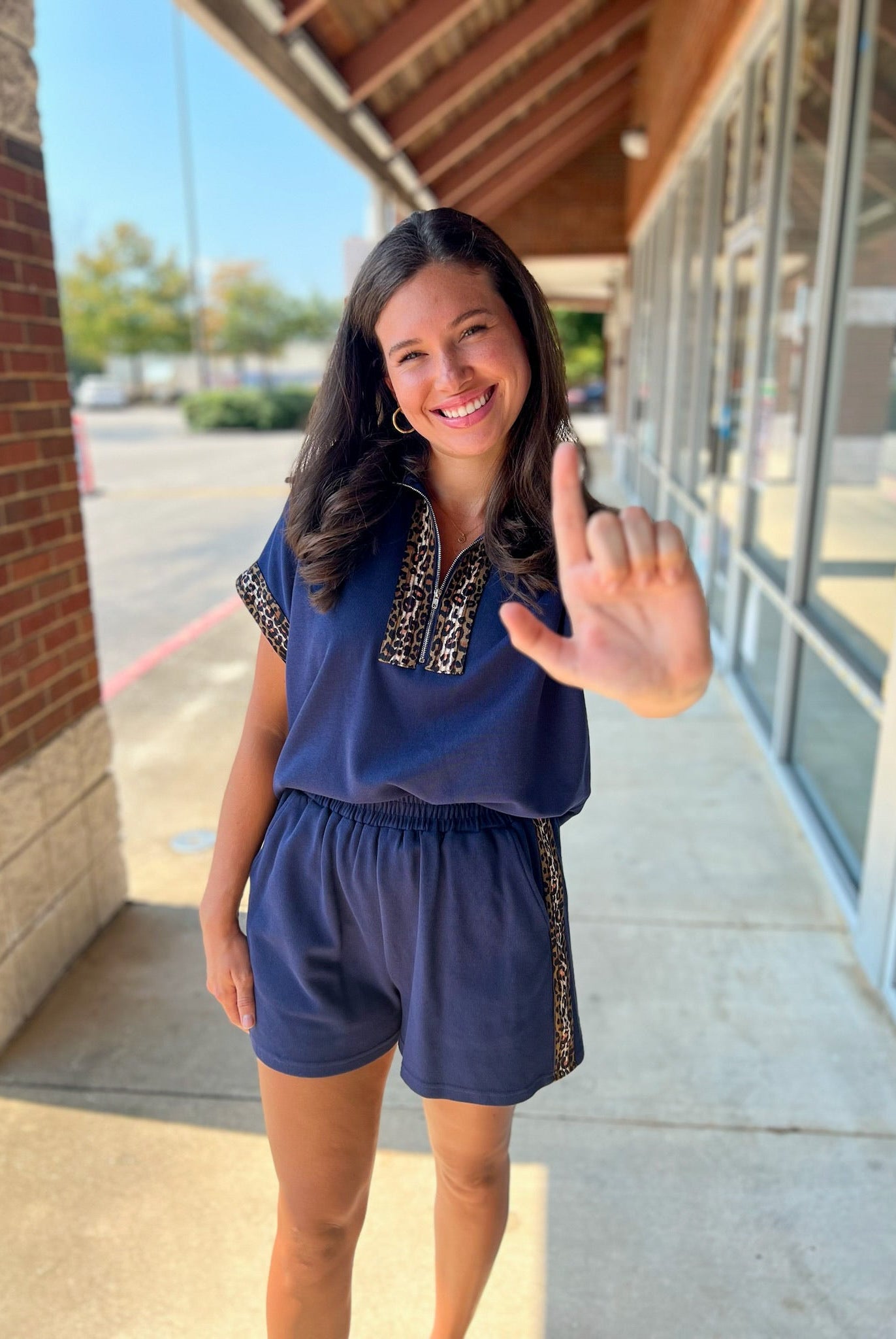 Navy Zip Front Short Set with Leopard Contrast Details - A'Bekah's Boutique