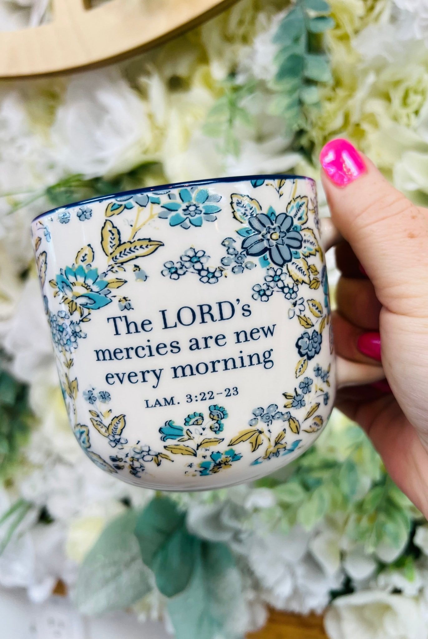 New Mercies Lam. 3:22-23 Blue and Green Floral Mug - A'Bekah's Boutique