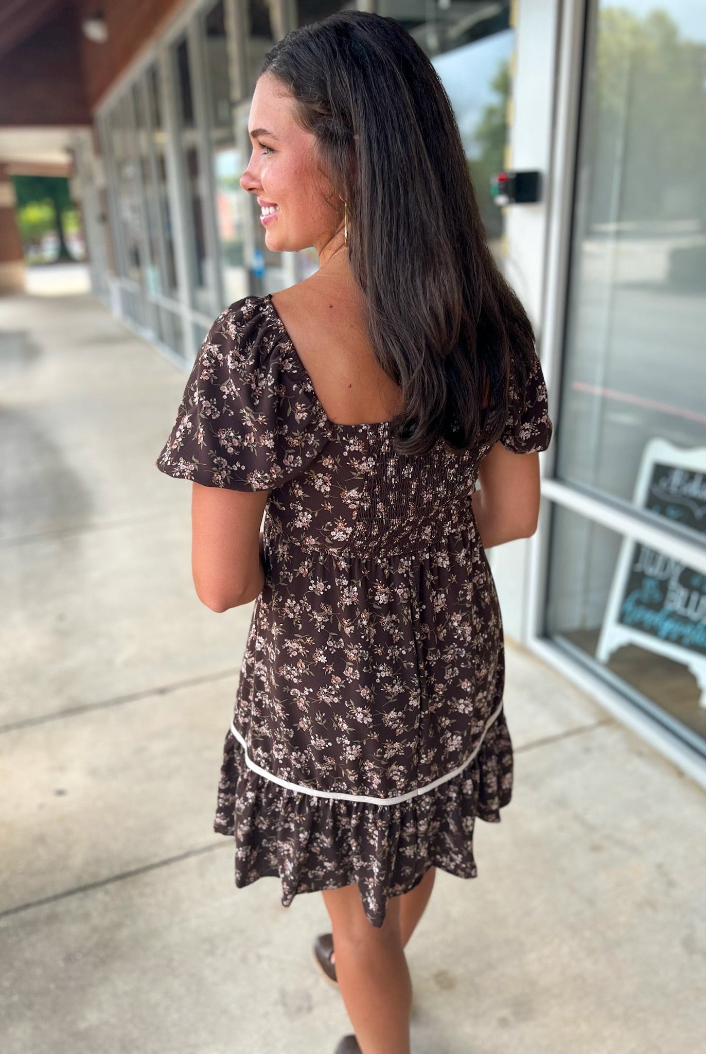 No Excuses Brown Floral Dress with Short Puff Sleeves - A'Bekah's Boutique