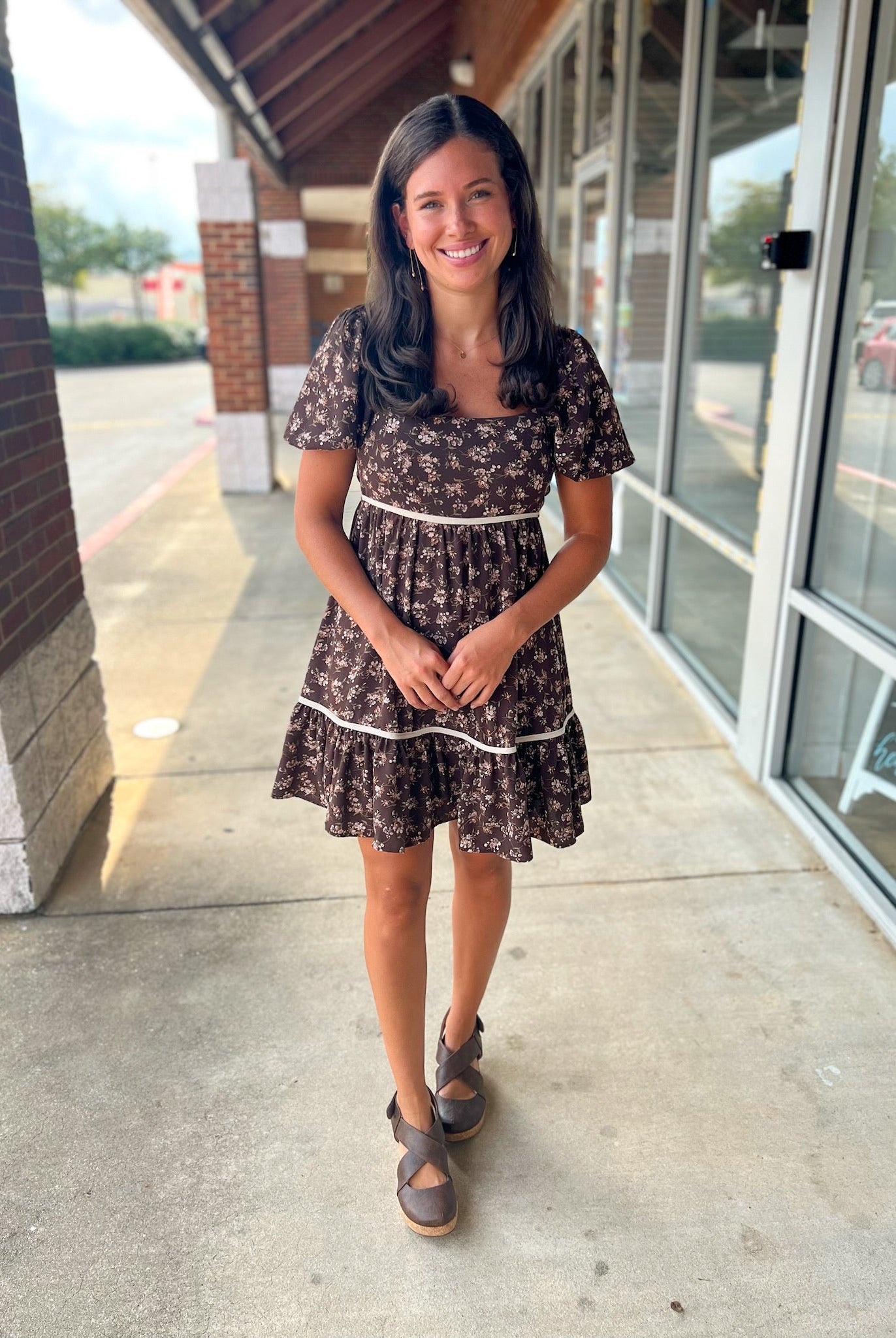 No Excuses Brown Floral Dress with Short Puff Sleeves - A'Bekah's Boutique