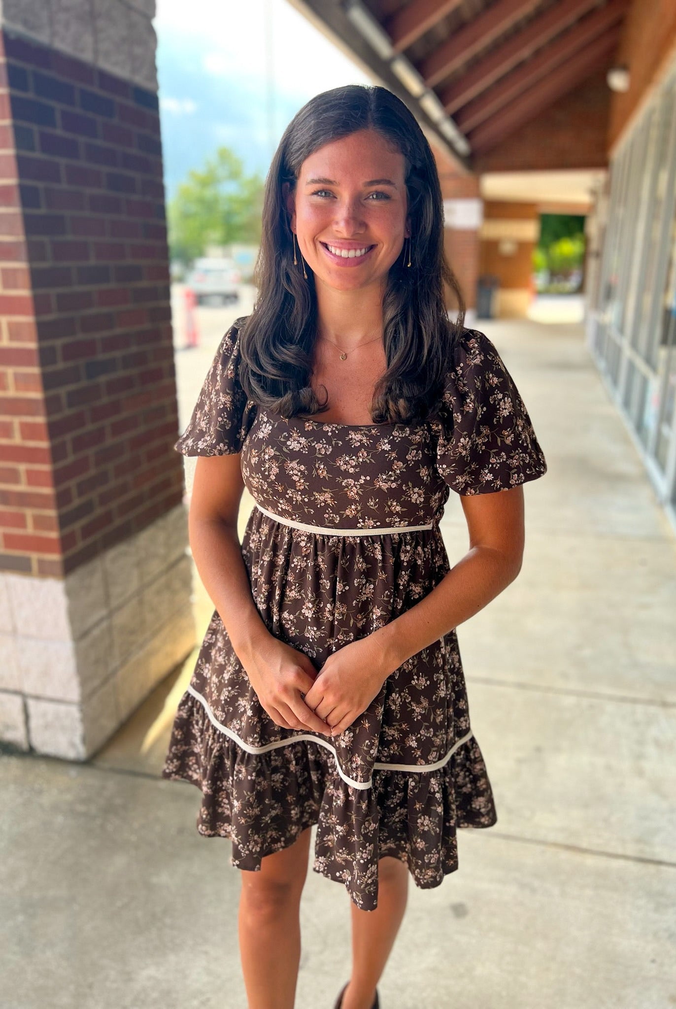 No Excuses Brown Floral Dress with Short Puff Sleeves - A'Bekah's Boutique