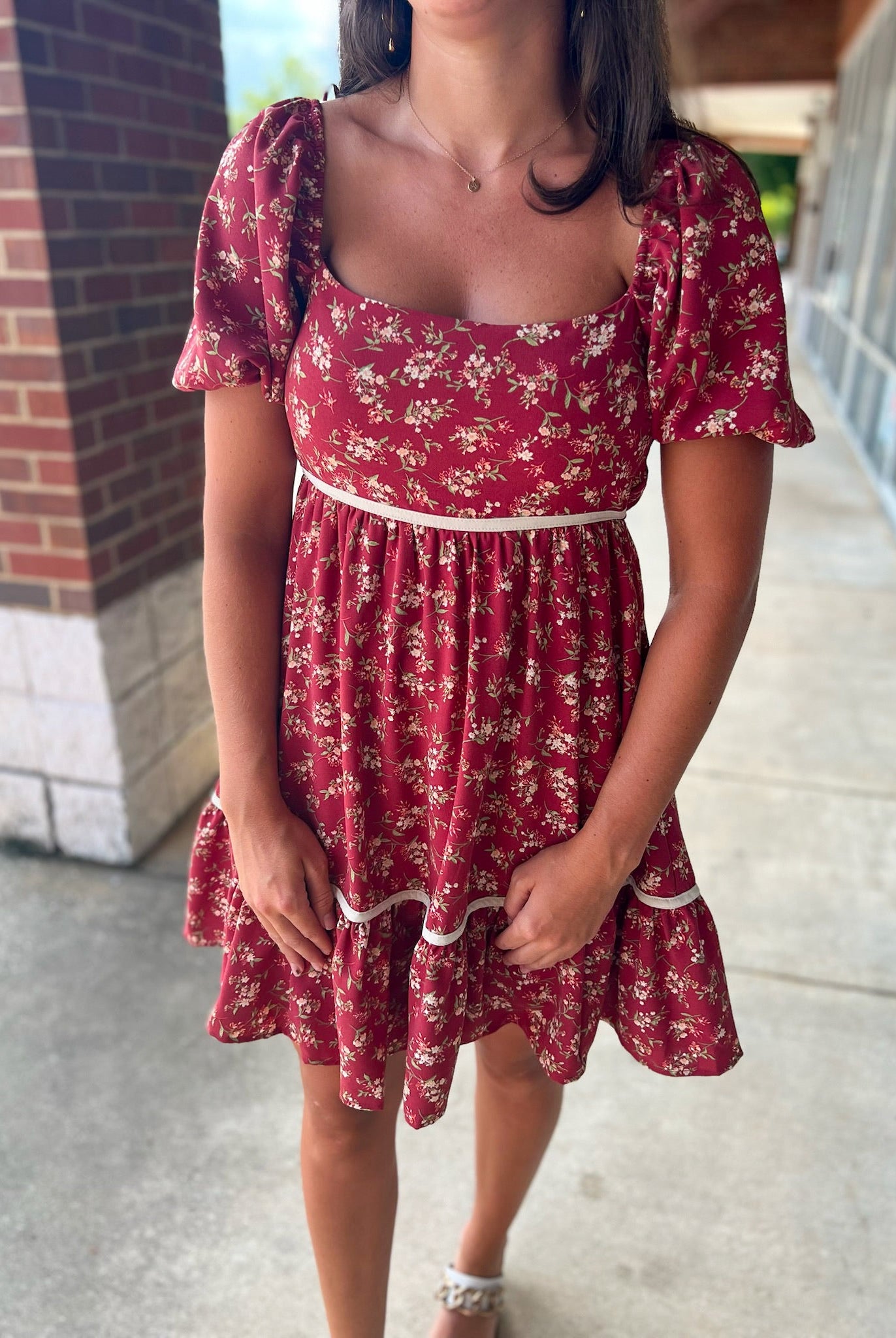 No Excuses Burgundy Floral Dress with Short Puff Sleeves - A'Bekah's Boutique