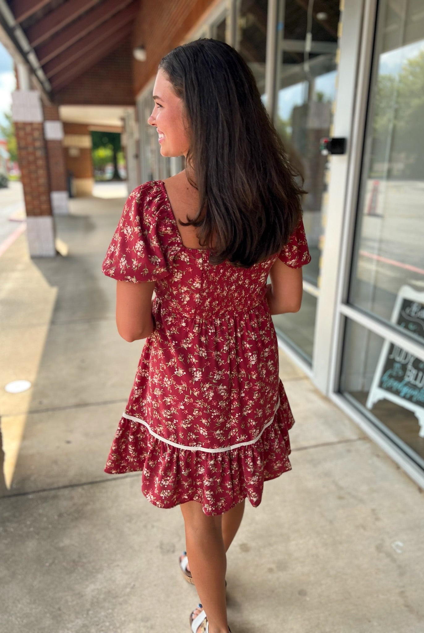 No Excuses Burgundy Floral Dress with Short Puff Sleeves - A'Bekah's Boutique