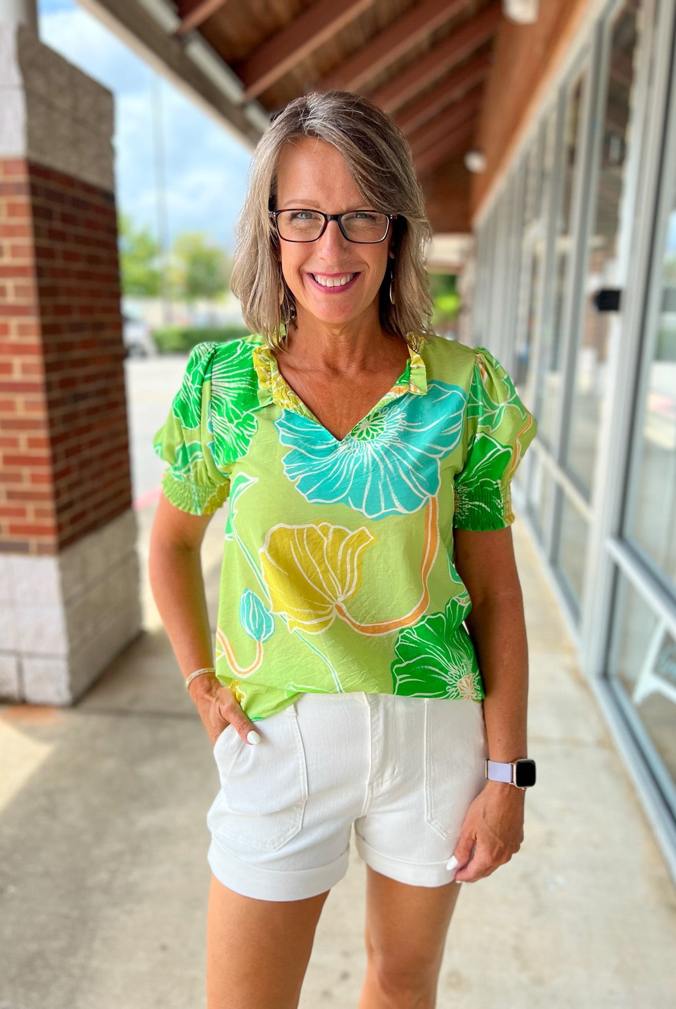 No Problems Green Floral V - Neck Short Sleeve Top - A'Bekah's Boutique