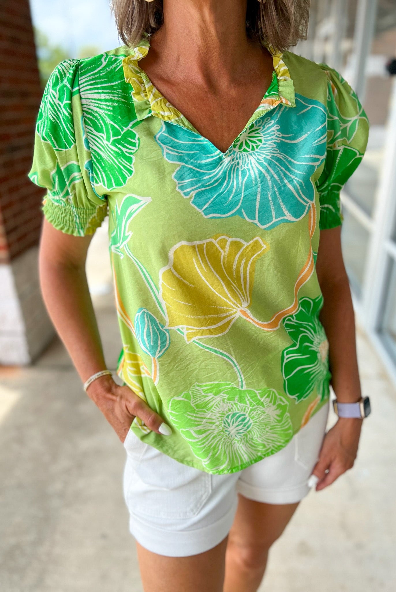 No Problems Green Floral V - Neck Short Sleeve Top - A'Bekah's Boutique