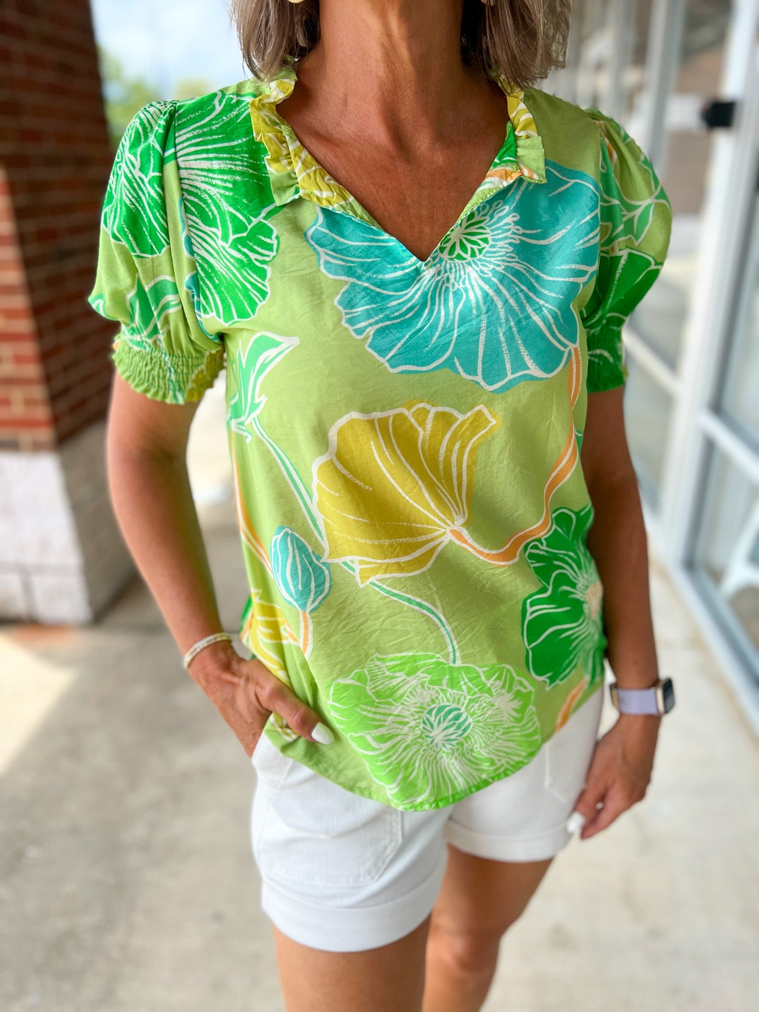 No Problems Green Floral V - Neck Short Sleeve Top - A'Bekah's Boutique