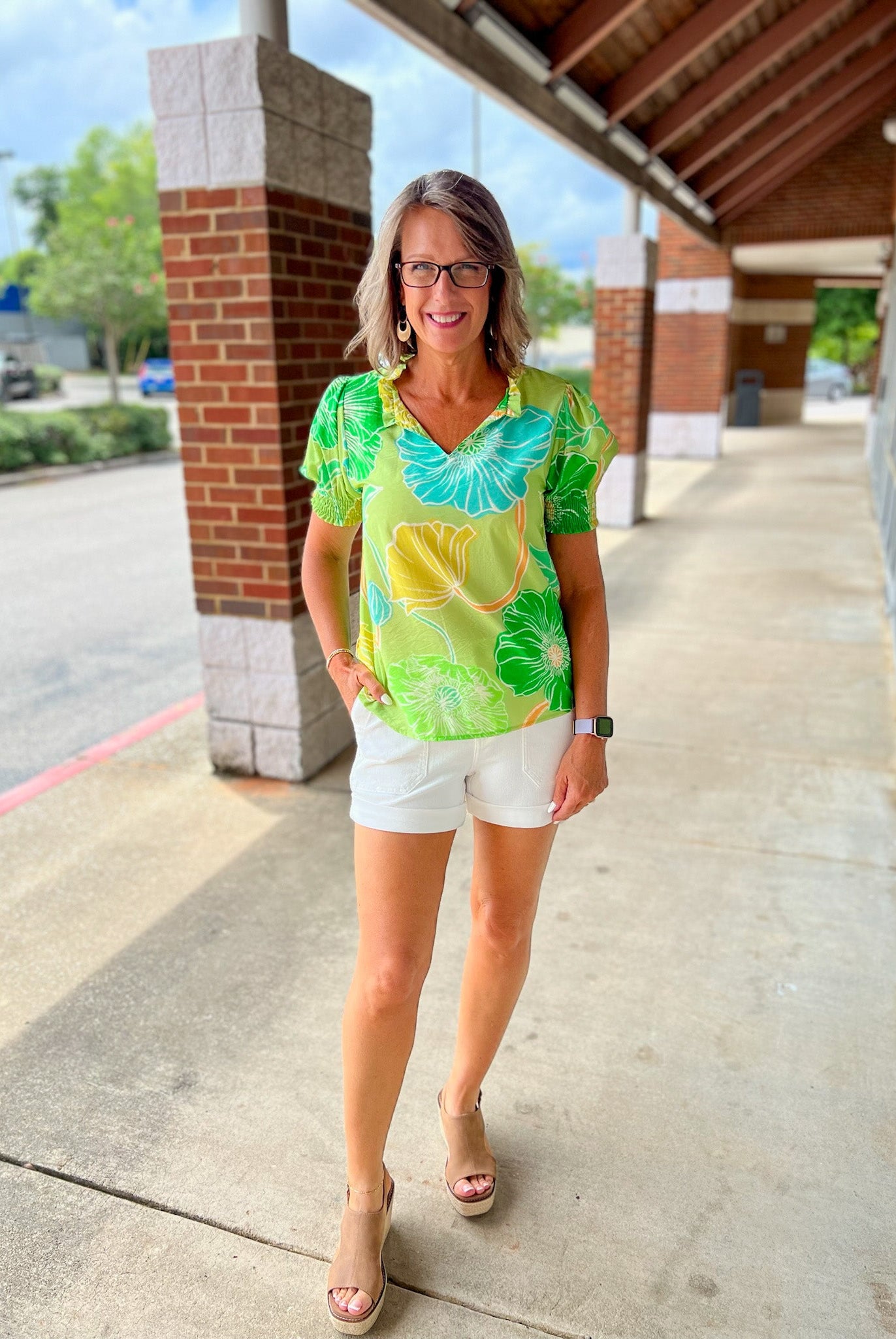 No Problems Green Floral V - Neck Short Sleeve Top - A'Bekah's Boutique