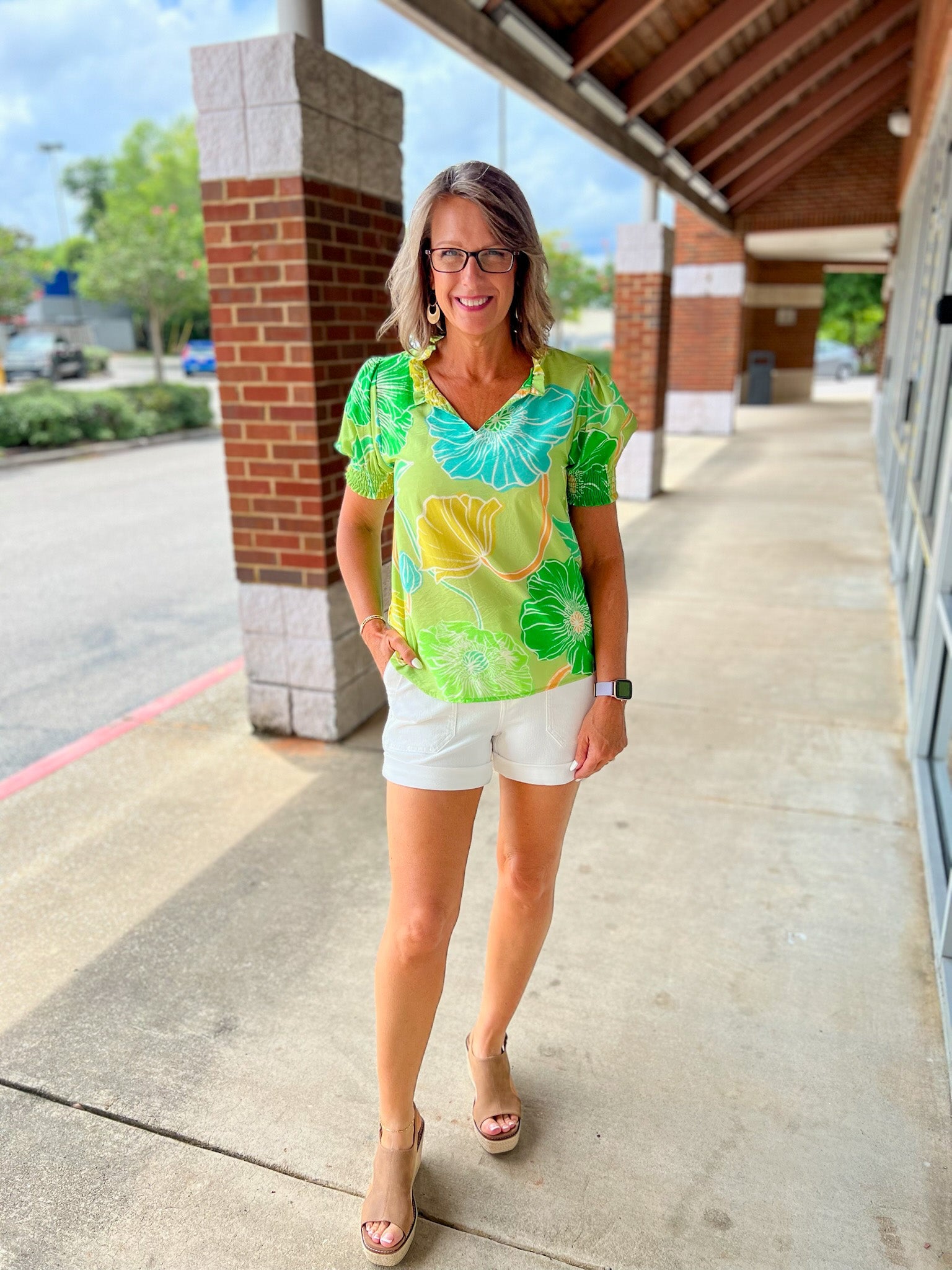 No Problems Green Floral V - Neck Short Sleeve Top - A'Bekah's Boutique