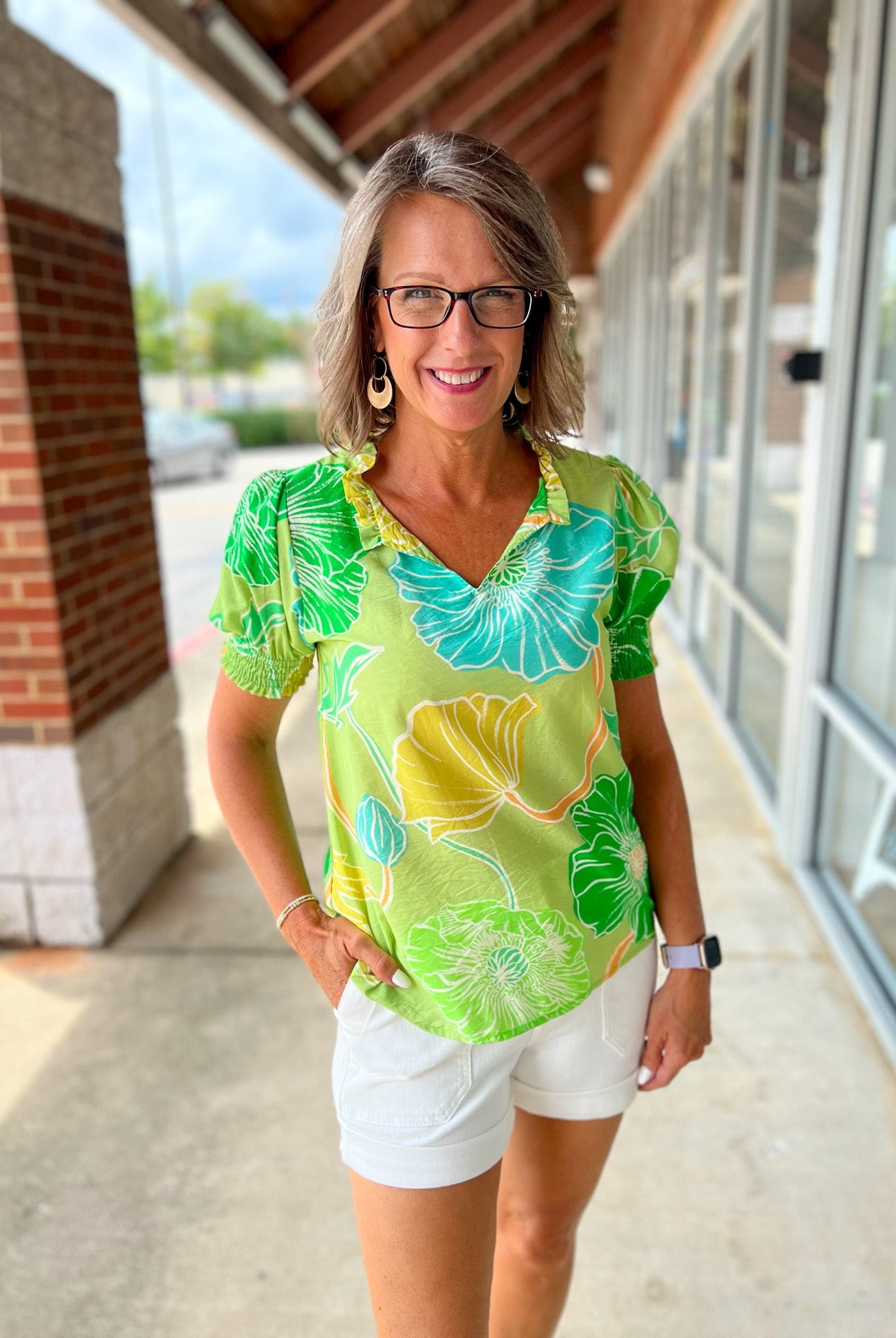 No Problems Green Floral V - Neck Short Sleeve Top - A'Bekah's Boutique