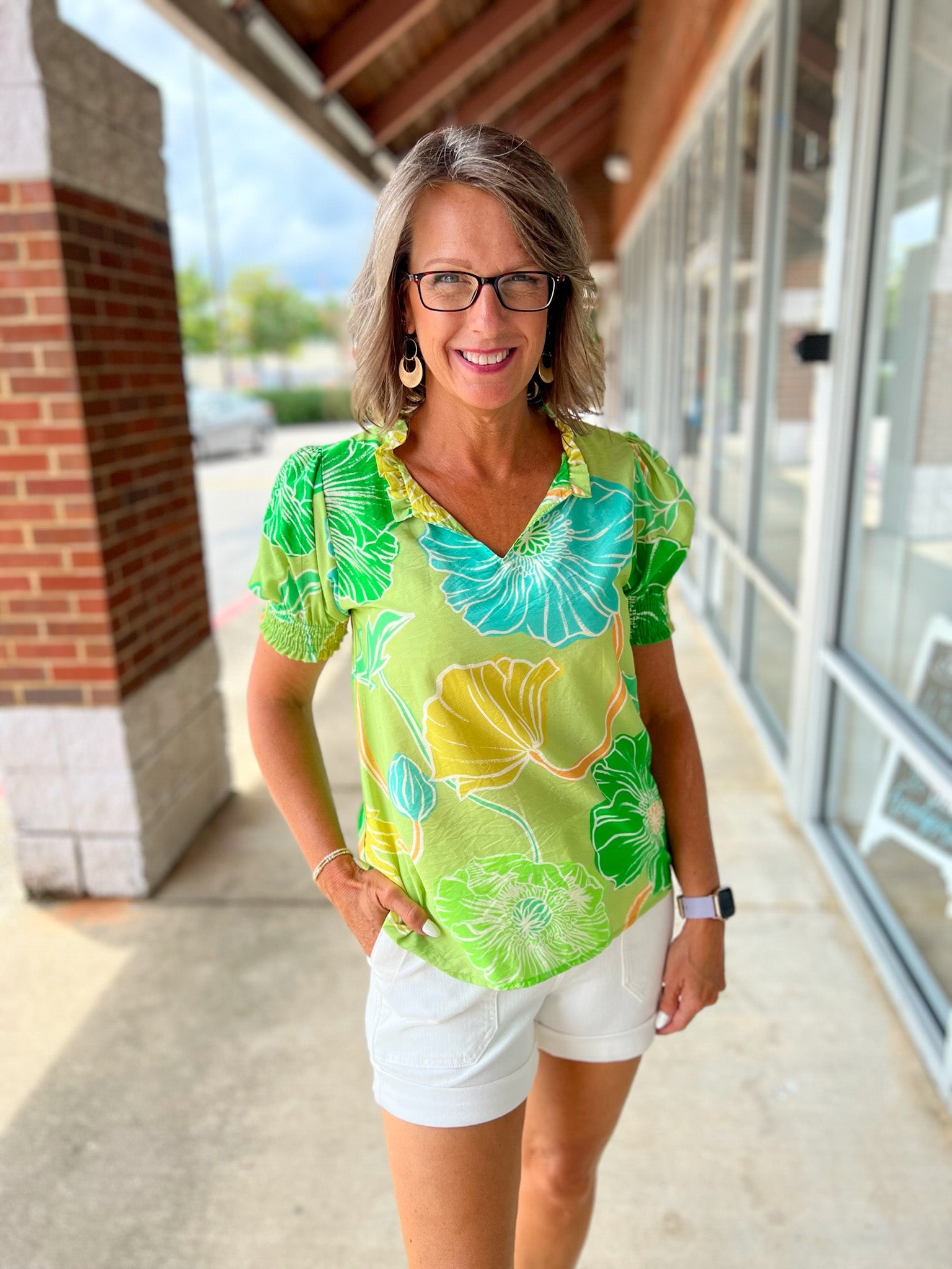 No Problems Green Floral V - Neck Short Sleeve Top - A'Bekah's Boutique