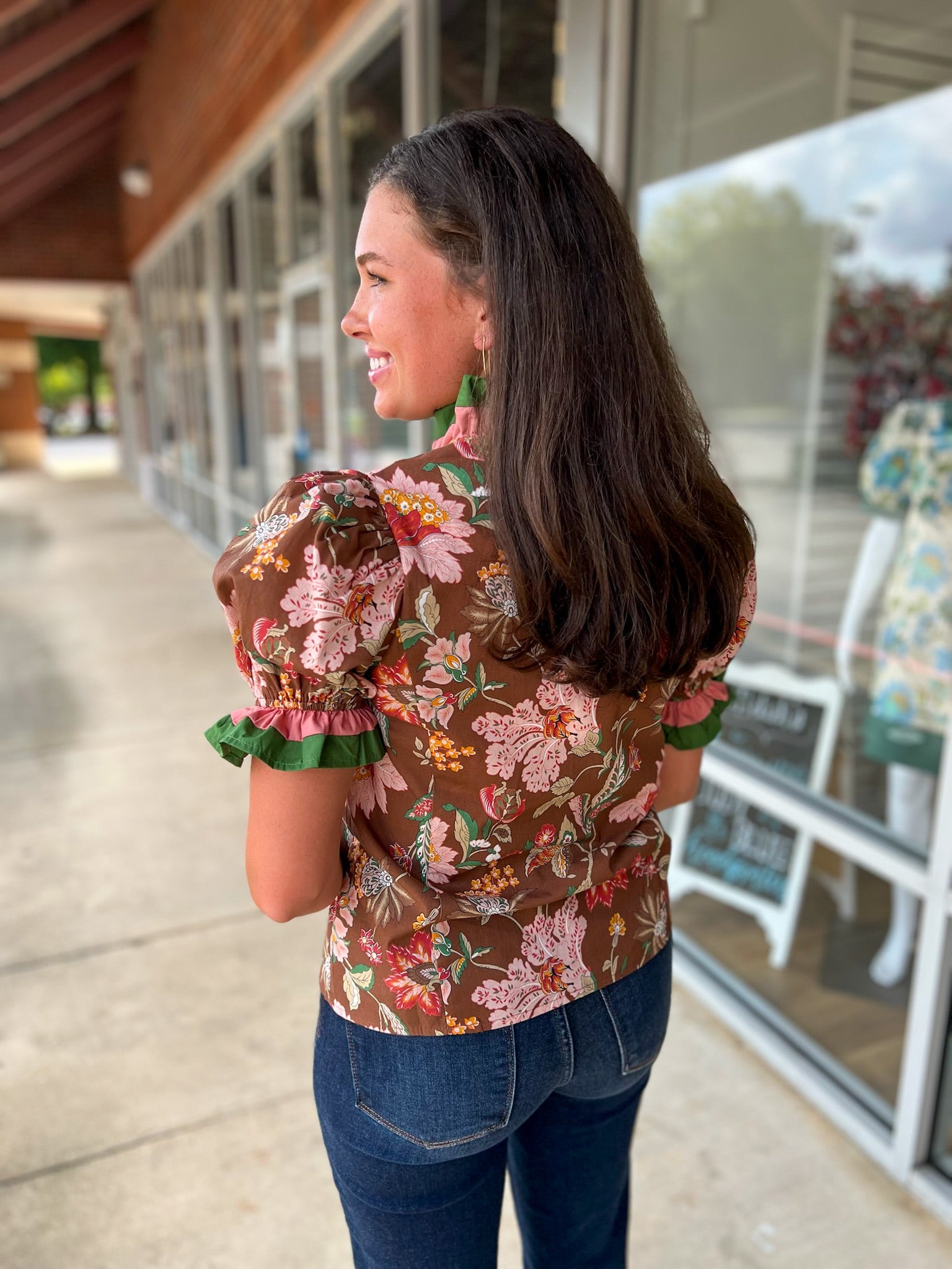 Not Alone Brown Floral Ruffle V - Neck Top (R) - A'Bekah's Boutique