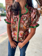 Not Alone Brown Floral Ruffle V - Neck Top (R) - A'Bekah's Boutique