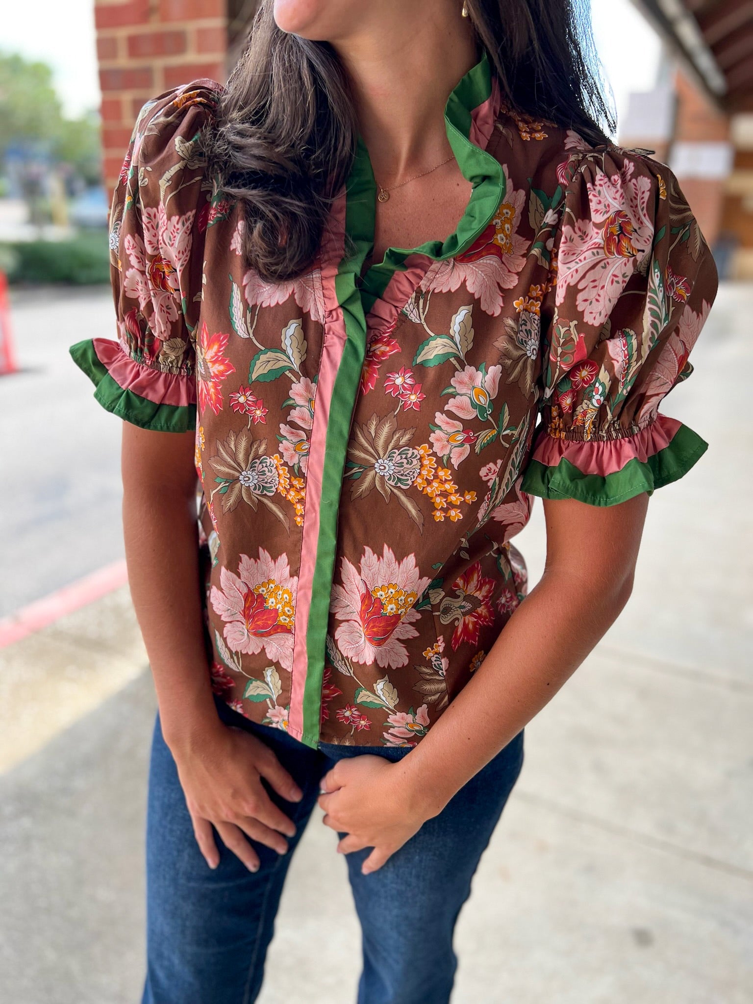 Not Alone Brown Floral Ruffle V - Neck Top (R) - A'Bekah's Boutique