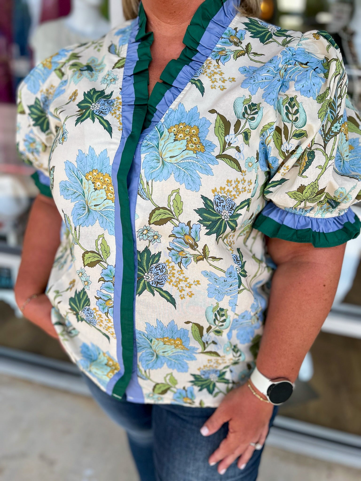 Not Alone Ecru Floral Ruffle V - Neck Top (C) - A'Bekah's Boutique