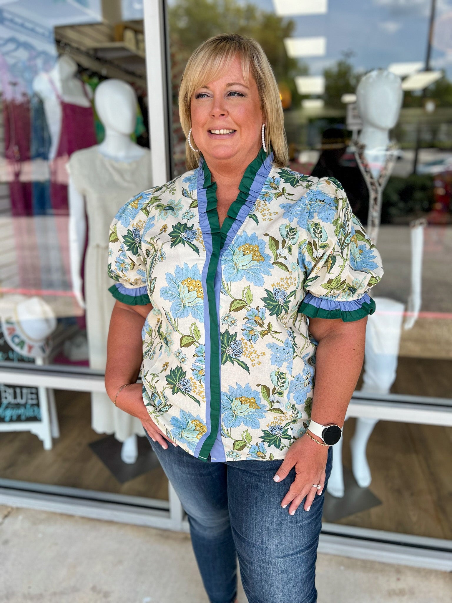 Not Alone Ecru Floral Ruffle V - Neck Top (C) - A'Bekah's Boutique