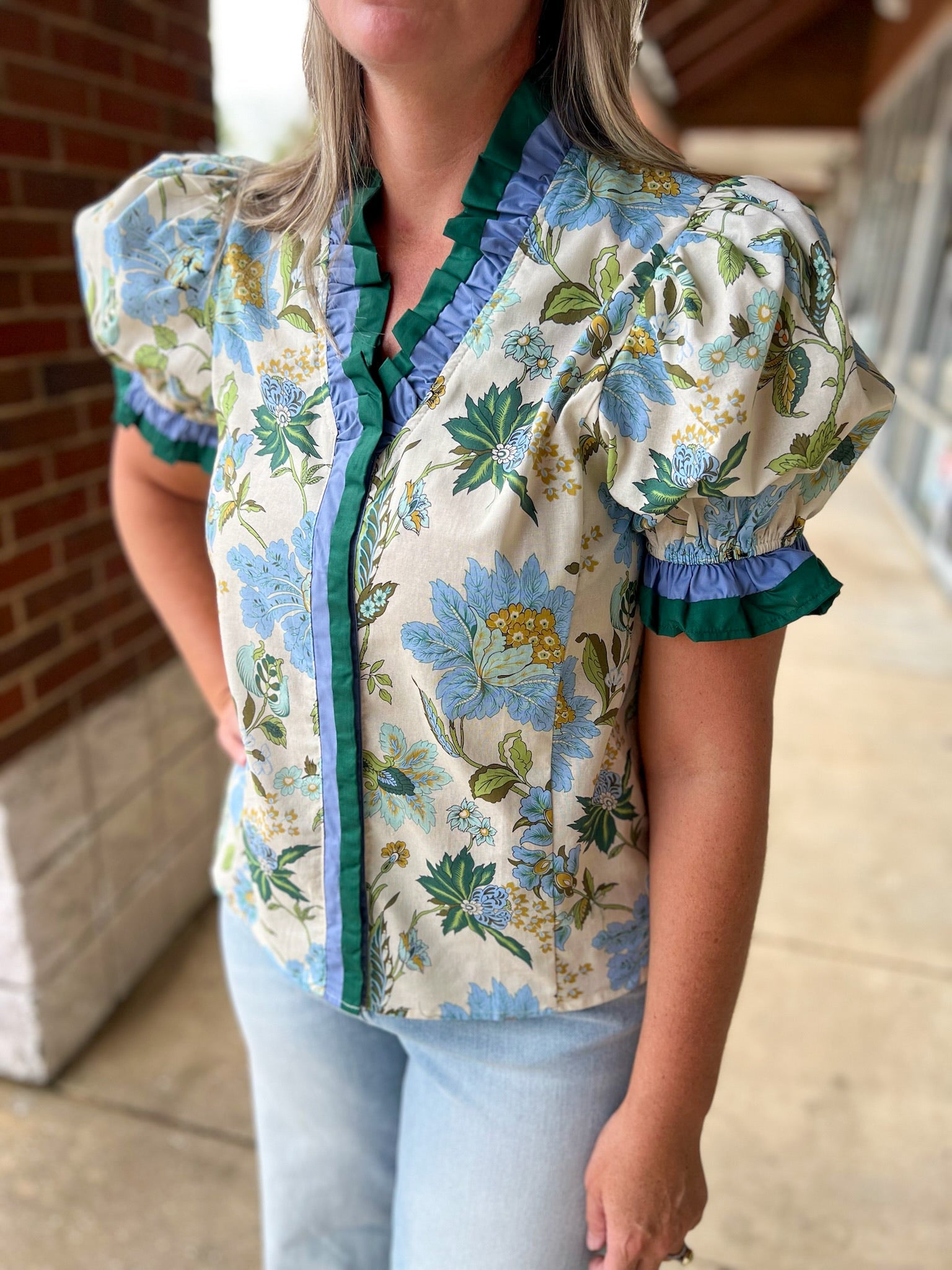 Not Alone Ecru Floral Ruffle V - Neck Top (R) - A'Bekah's Boutique