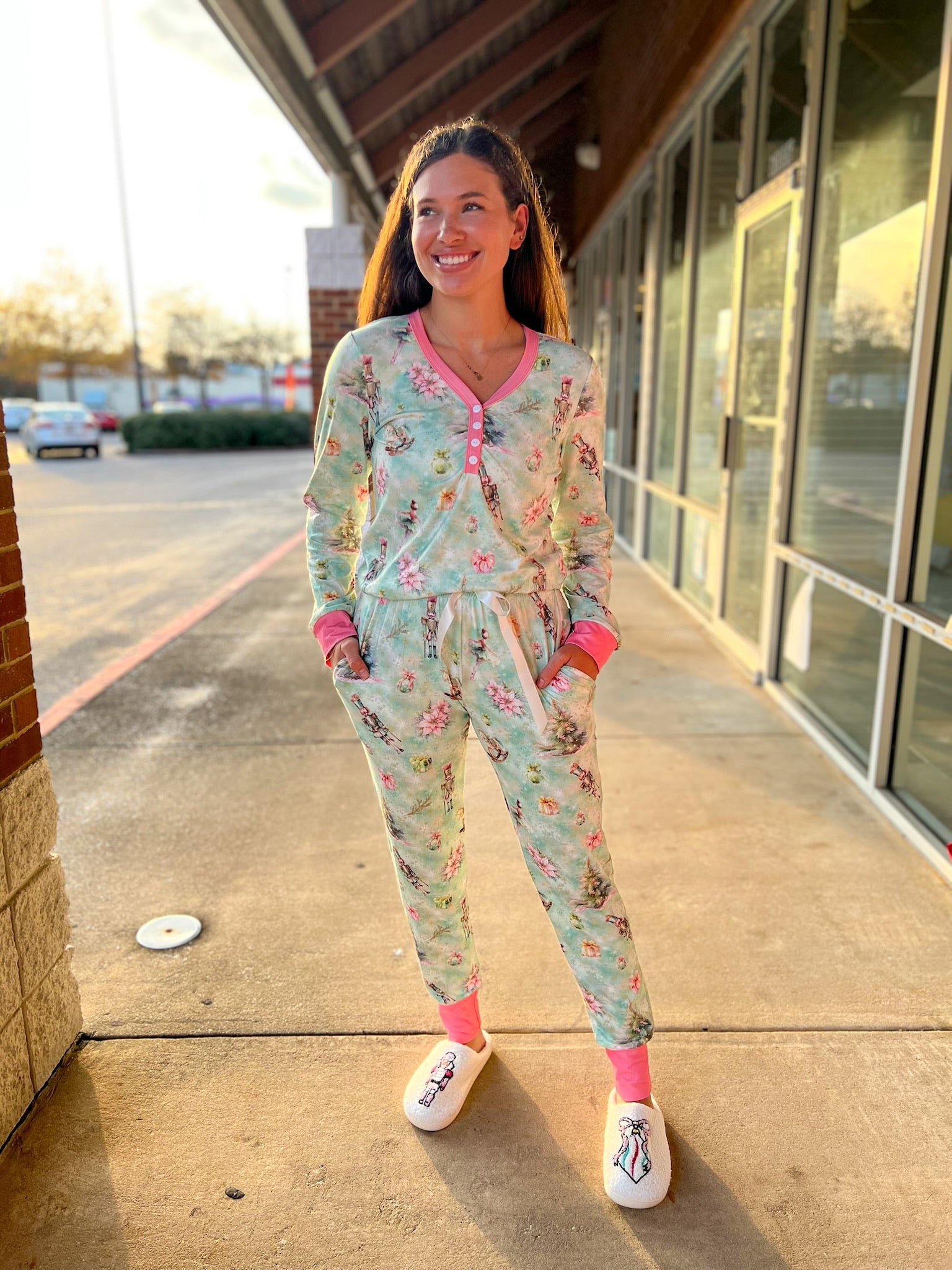 Nutcracker Mint and Pink Long Sleeve Christmas Jogger Curvy Pajamas (C) - A'Bekah's Boutique