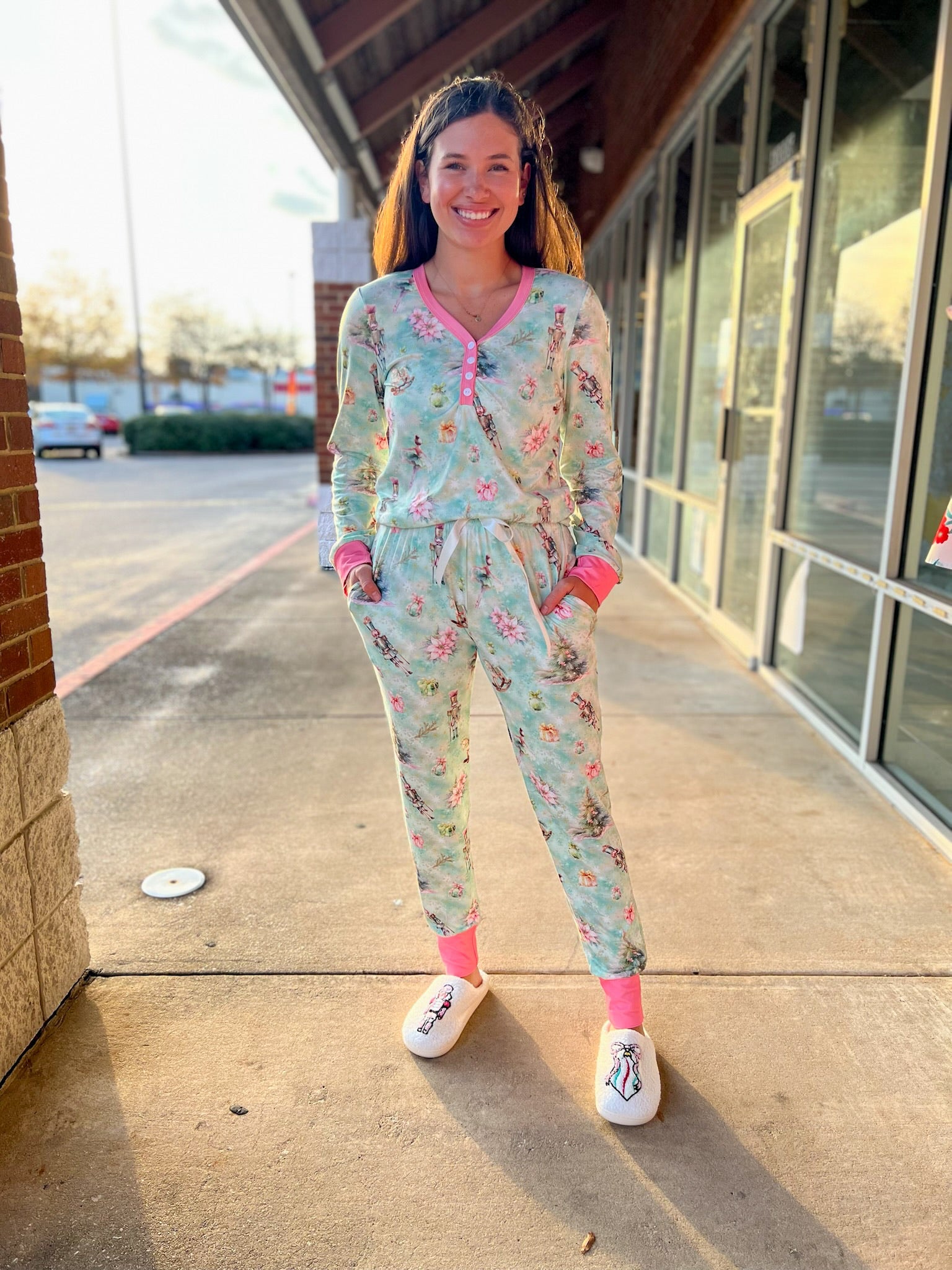 Nutcracker Mint and Pink Long Sleeve Christmas Jogger Curvy Pajamas (C) - A'Bekah's Boutique
