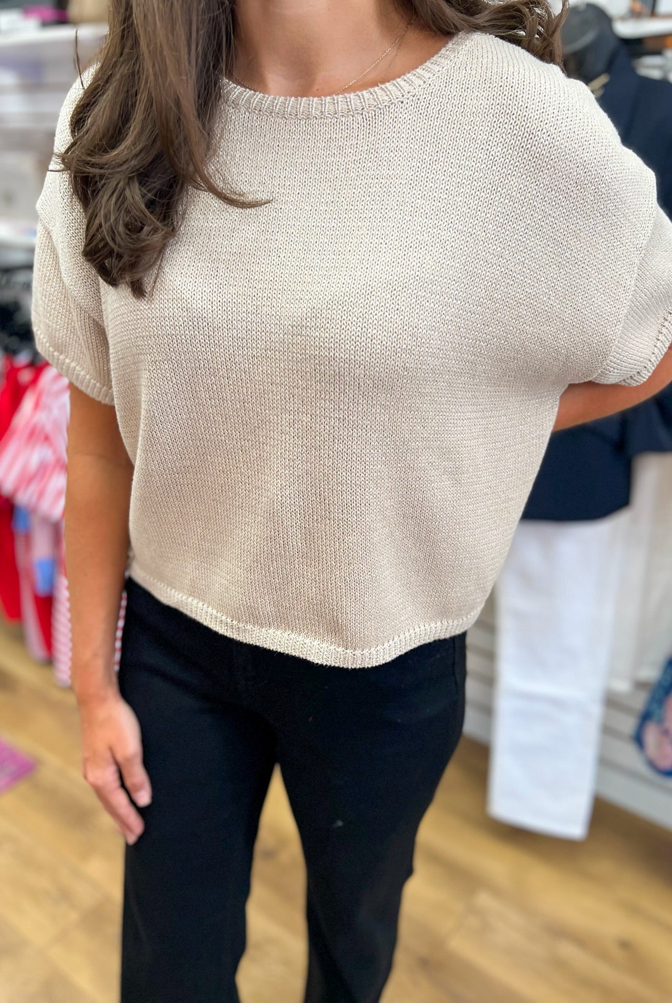 Oatmeal Cap Sleeve Sweater with Subtle Shimmer - A'Bekah's Boutique