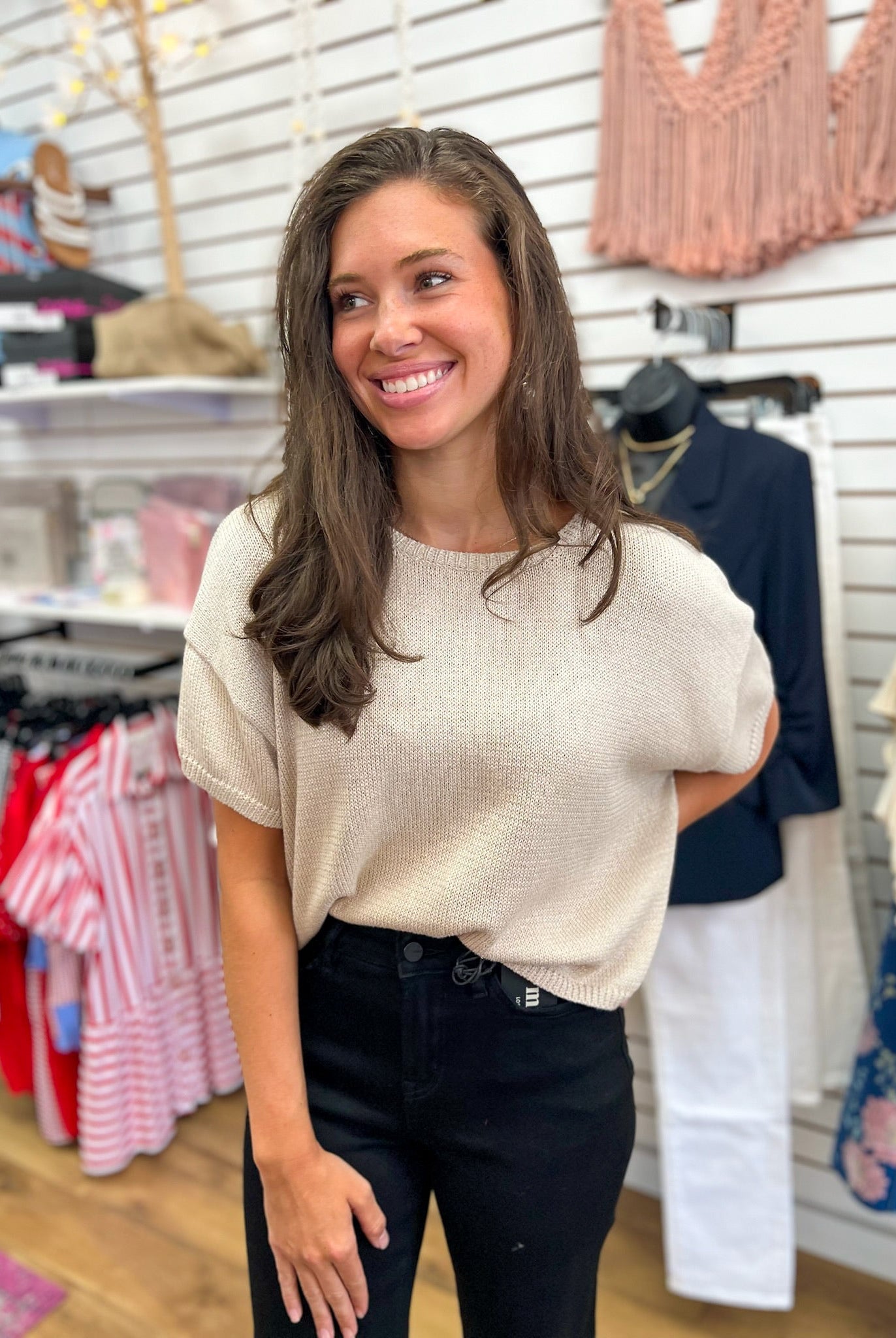 Oatmeal Cap Sleeve Sweater with Subtle Shimmer - A'Bekah's Boutique