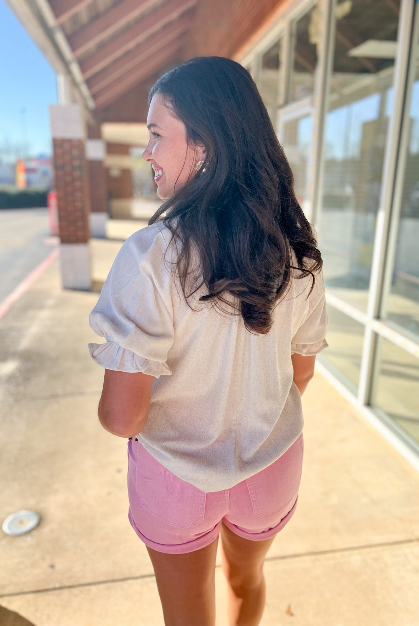 Oatmeal Linen Short Puff Sleeve Top with Scalloped Detail V - Neckline - A'Bekah's Boutique
