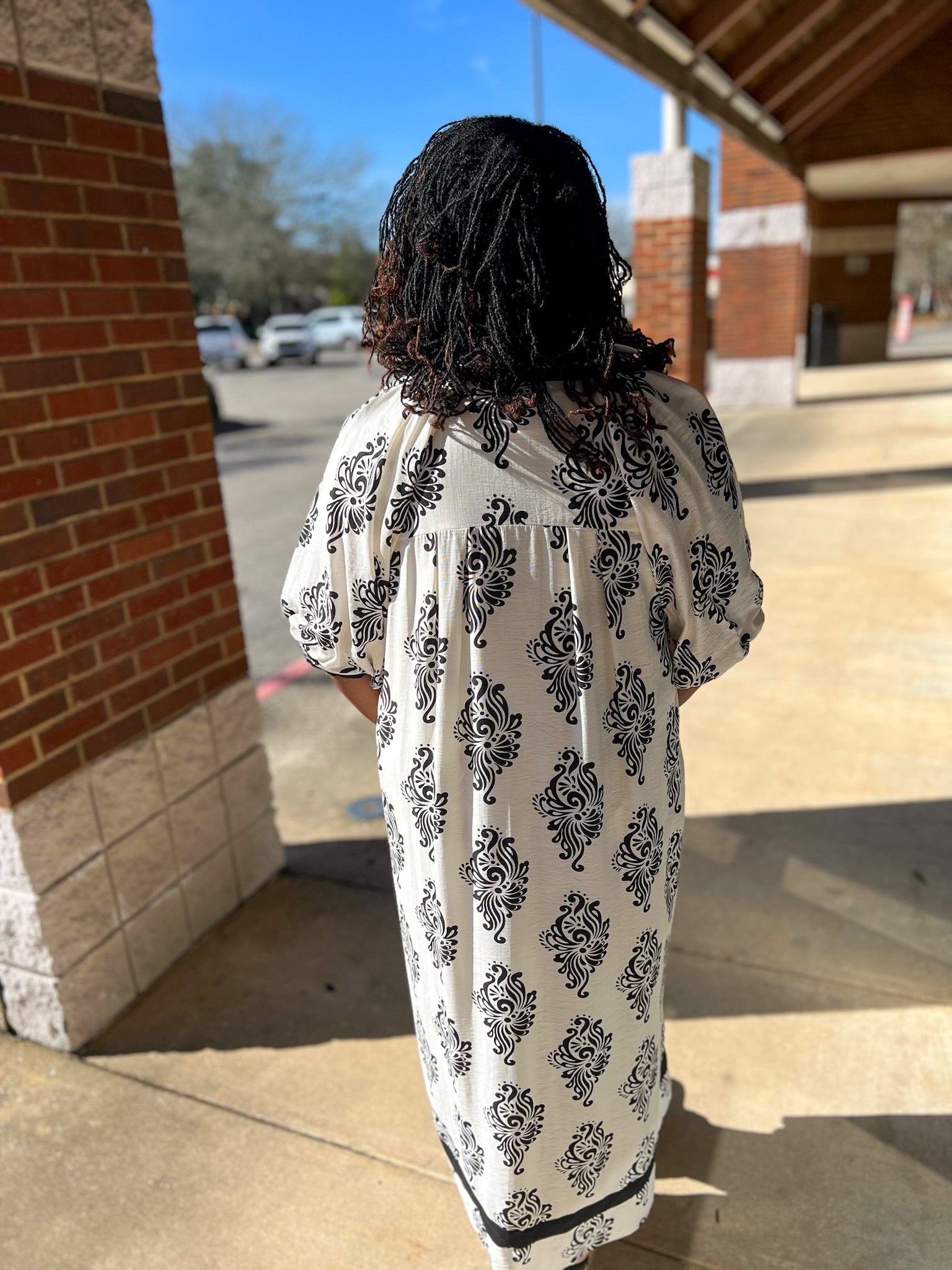 Off White Abstract Print A - Line V - Neck Midi Dress (C) - A'Bekah's Boutique