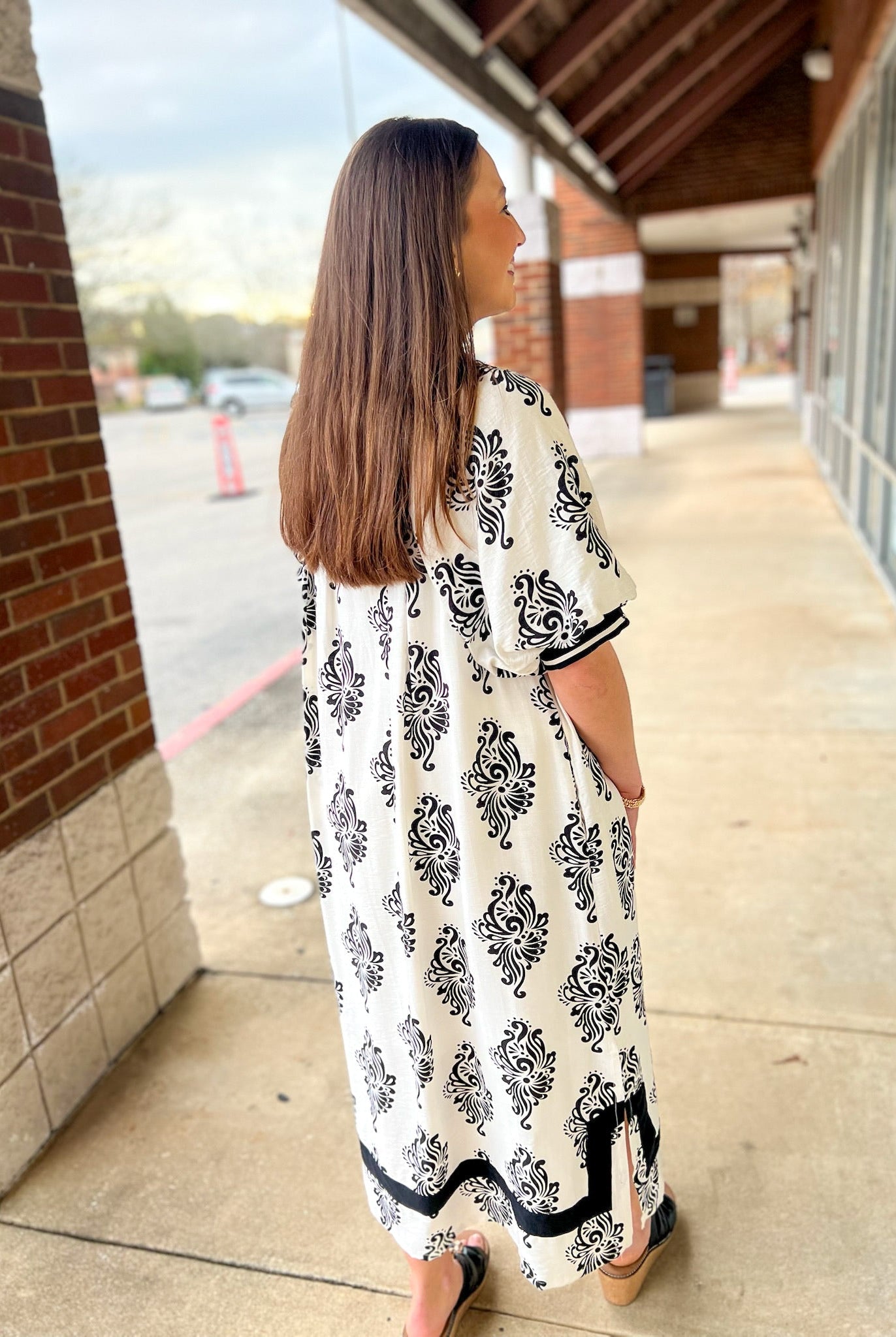 Off White Abstract Print A - Line V - Neck Midi Dress (R) - A'Bekah's Boutique