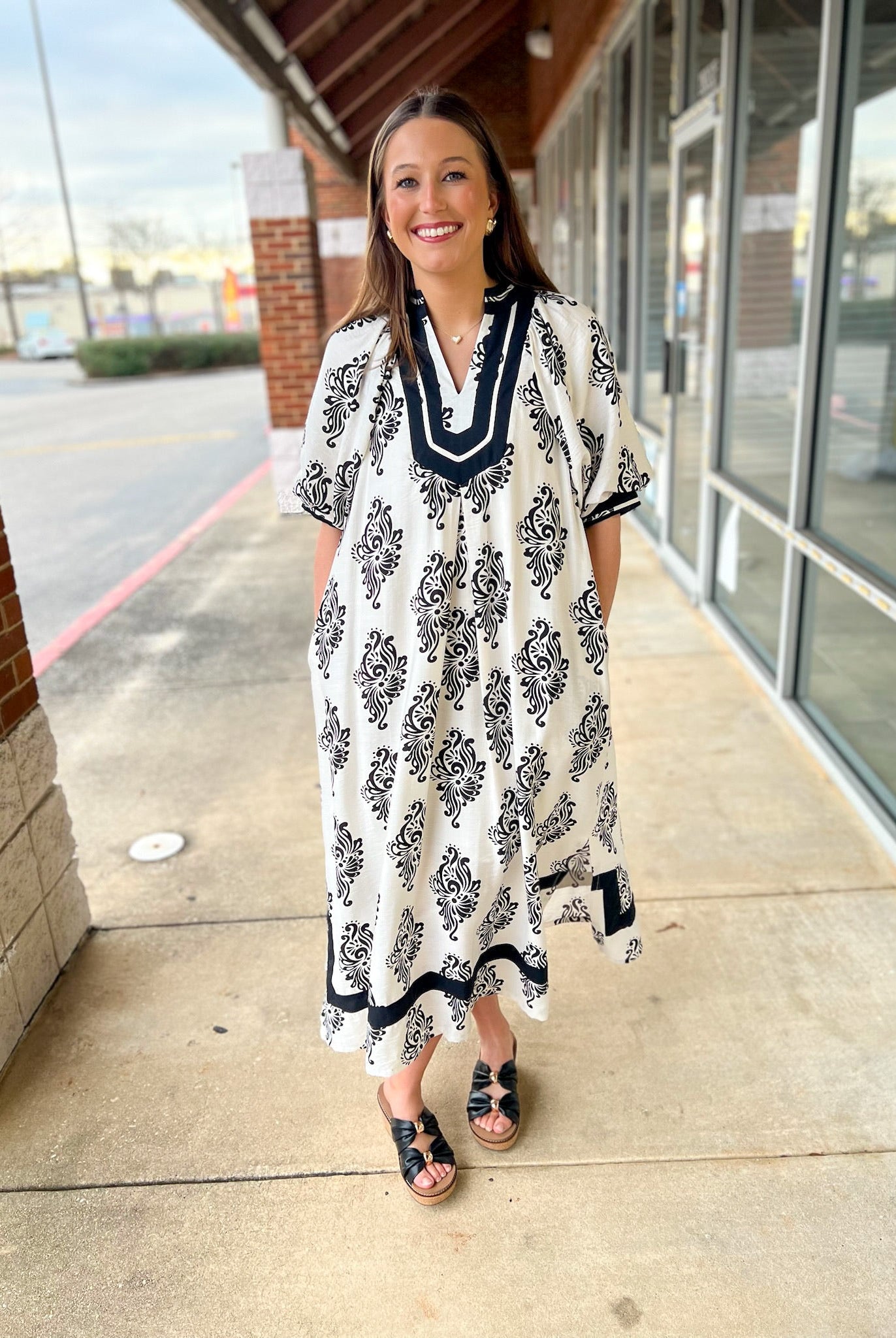 Off White Abstract Print A - Line V - Neck Midi Dress (R) - A'Bekah's Boutique