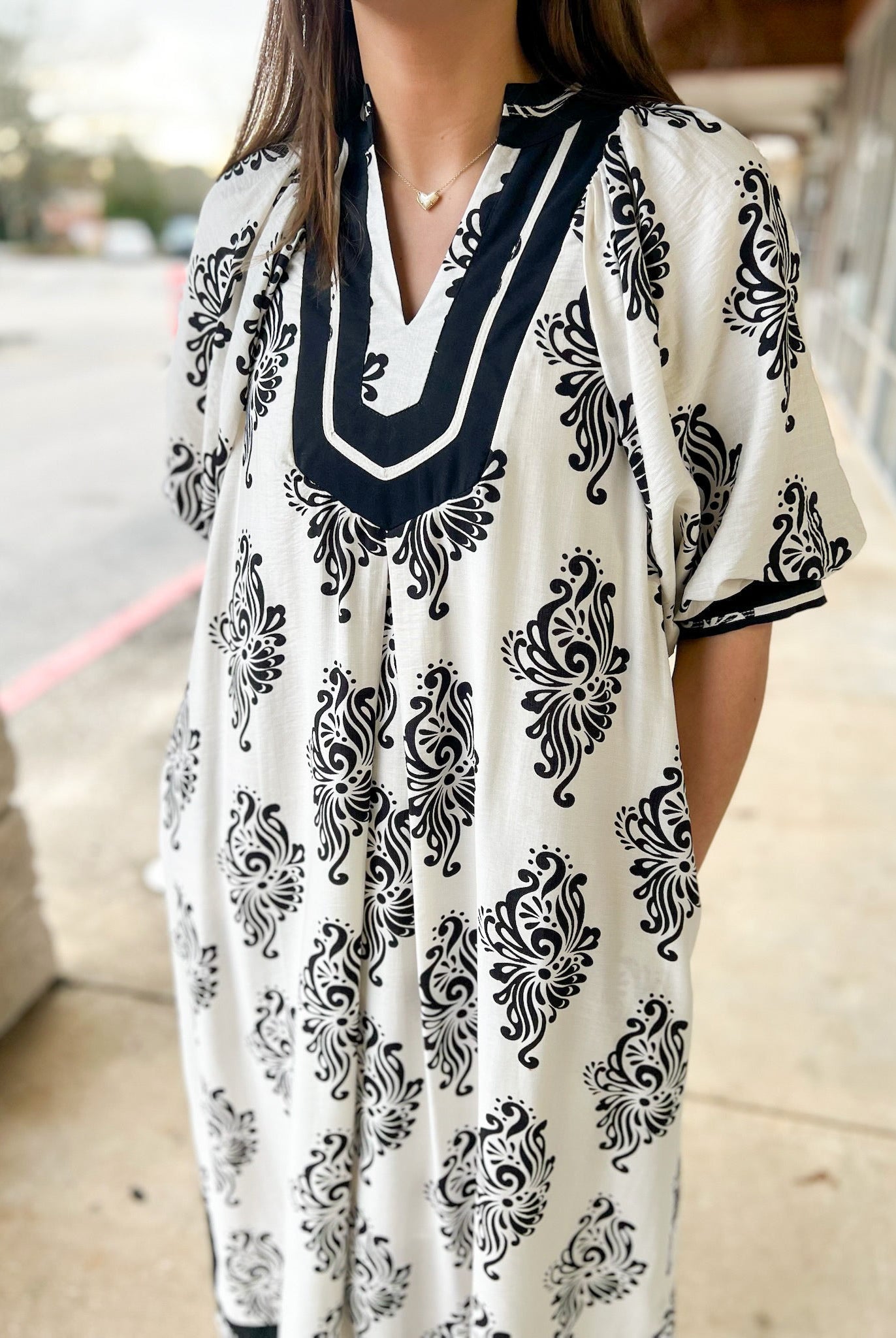 Off White Abstract Print A - Line V - Neck Midi Dress (R) - A'Bekah's Boutique