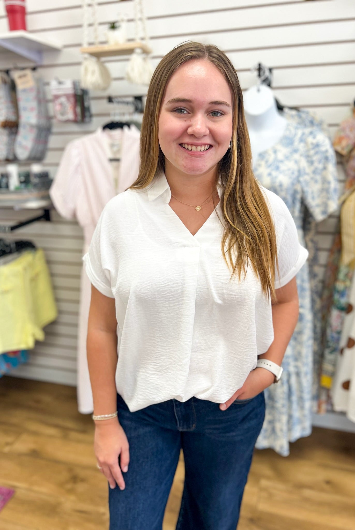 Off White Drop Shoulder V-Neck Short Sleeve Collared Top - A'Bekah's Boutique