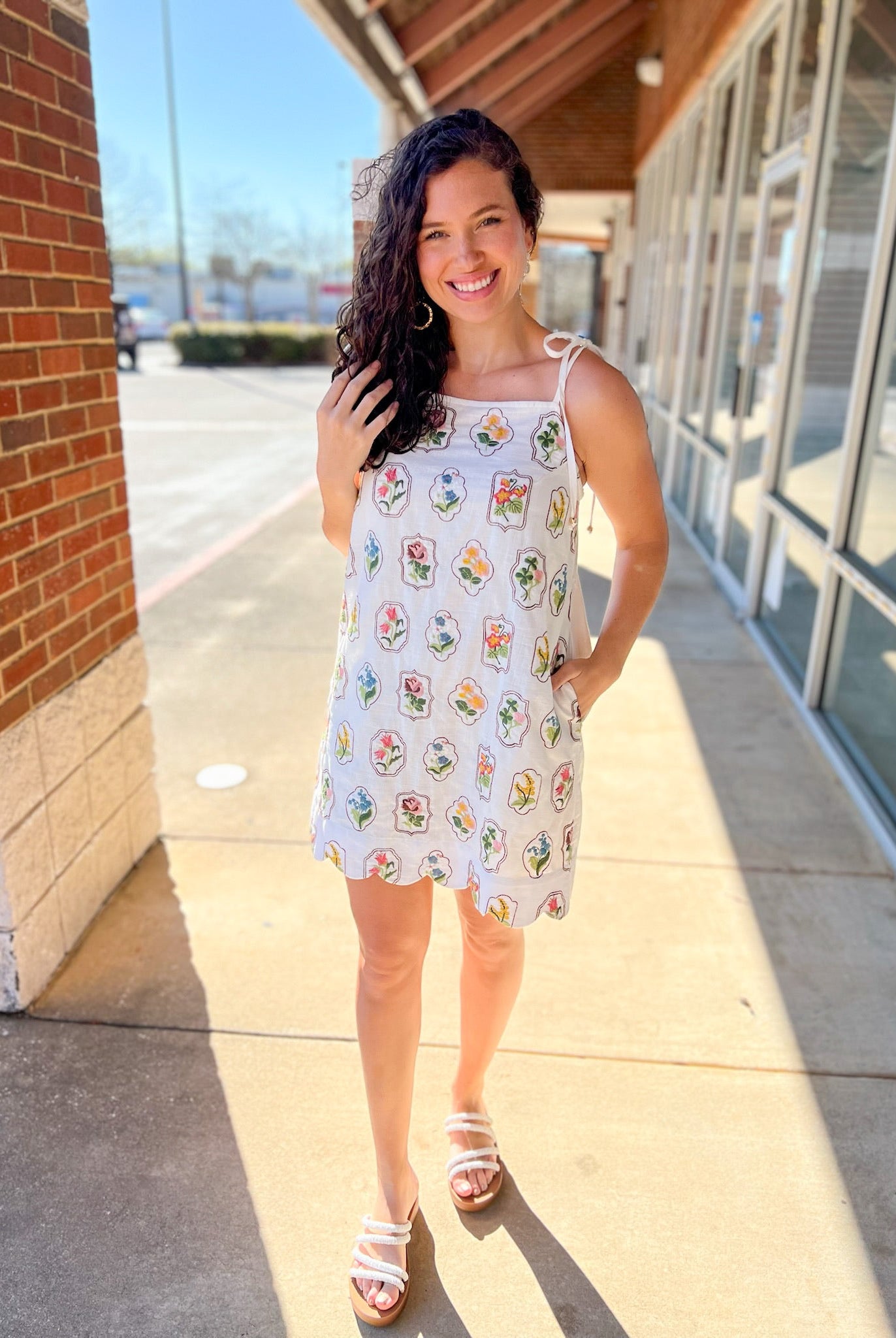 Off White Floral Embroidered Dress with Tie Shoulder Straps - A'Bekah's Boutique