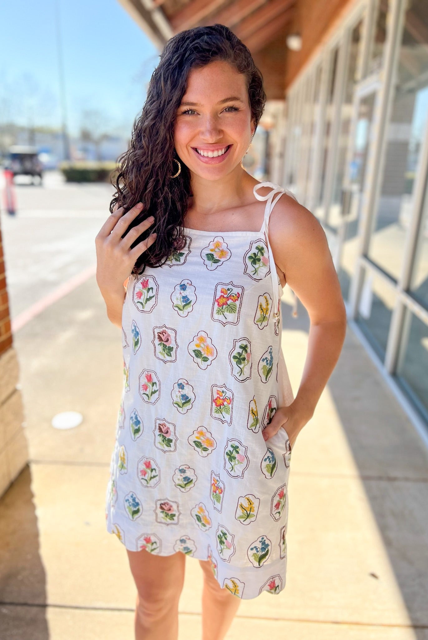 Off White Floral Embroidered Dress with Tie Shoulder Straps - A'Bekah's Boutique