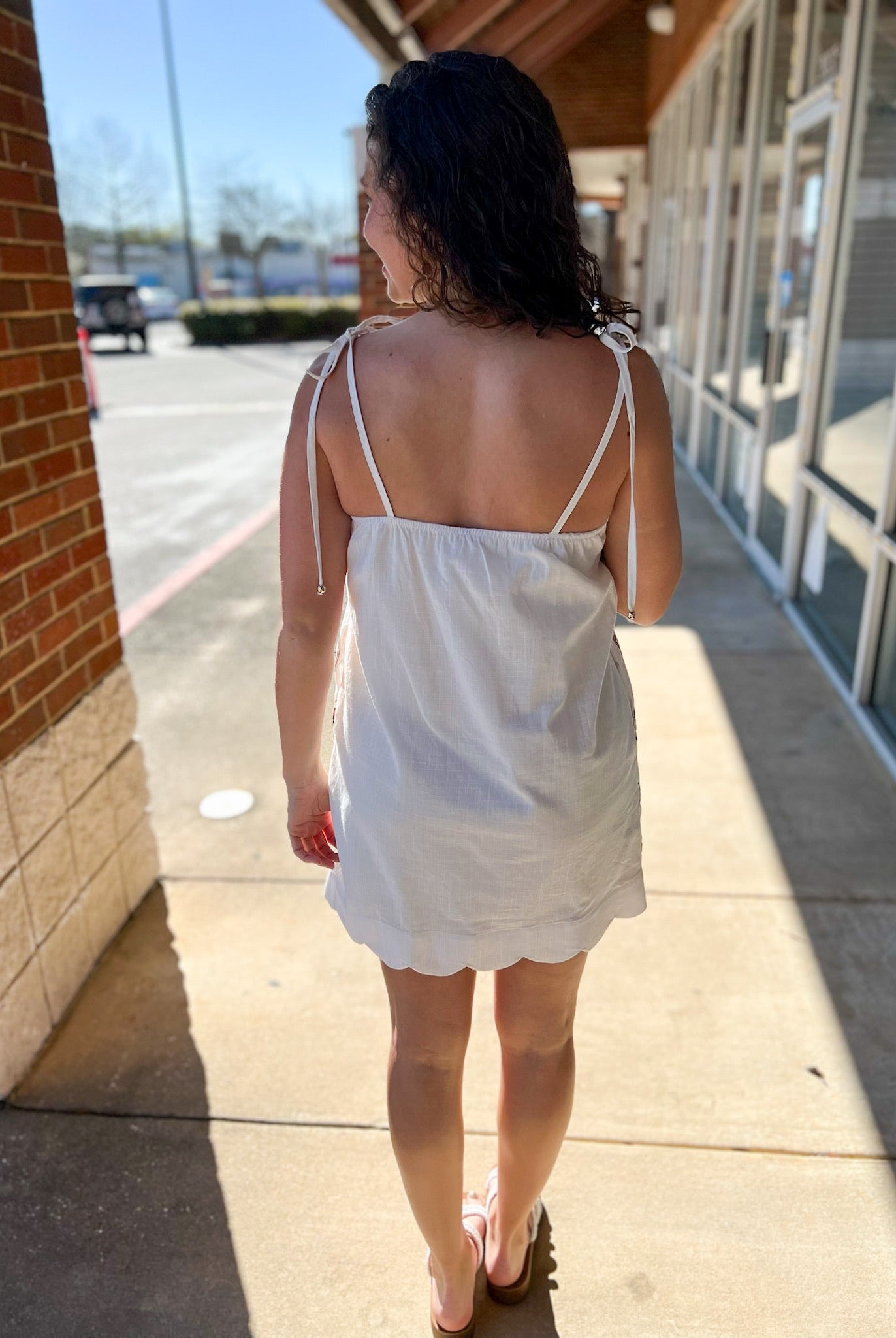 Off White Floral Embroidered Dress with Tie Shoulder Straps - A'Bekah's Boutique