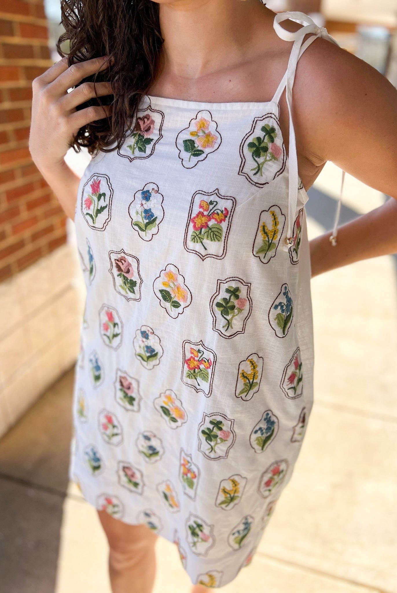 Off White Floral Embroidered Dress with Tie Shoulder Straps - A'Bekah's Boutique