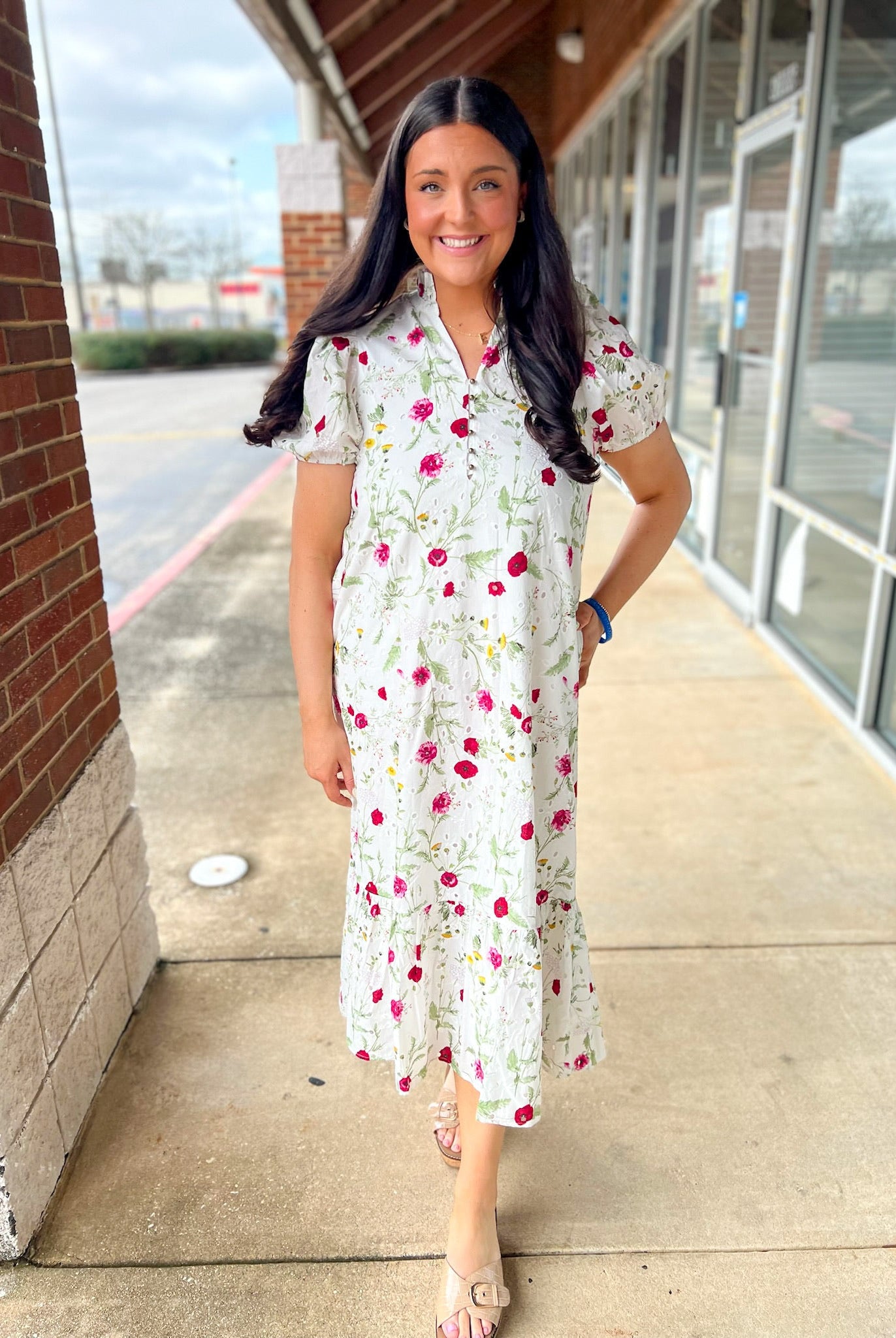Off White Floral Eyelet Midi Dress - A'Bekah's Boutique
