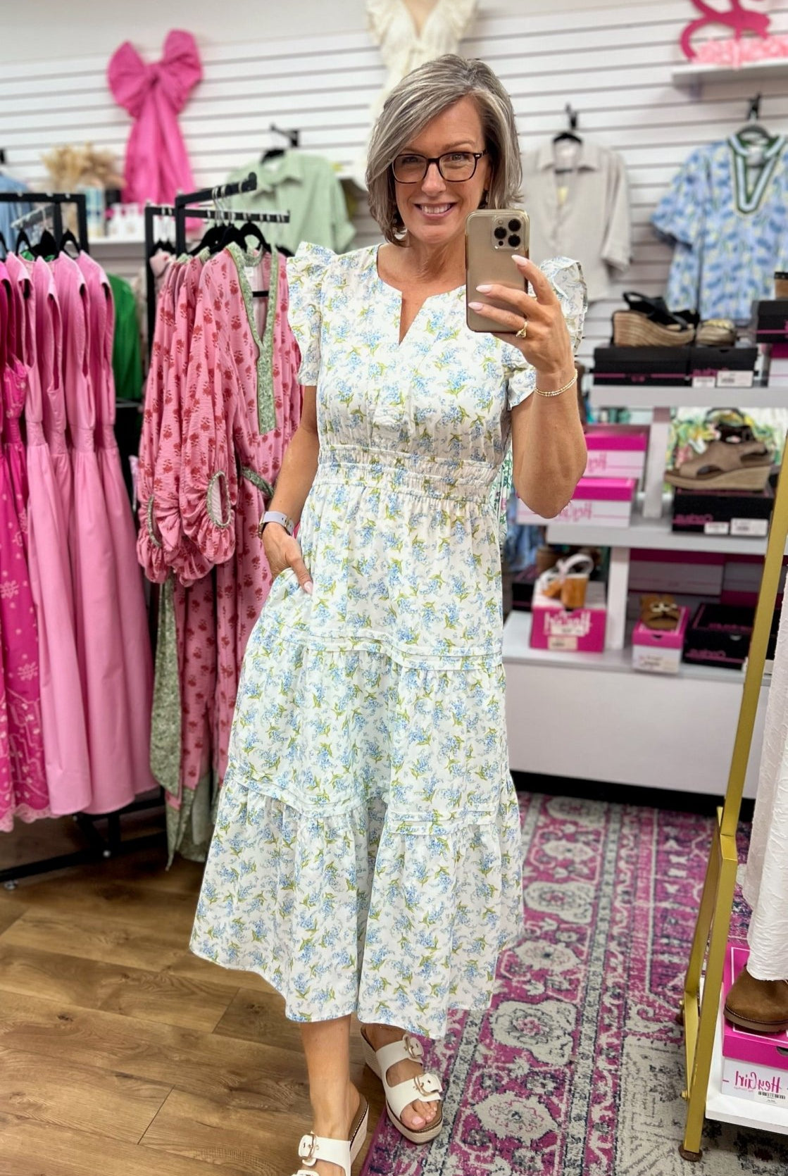 Off White Floral Ruffle Sleeved Midi Dress with Smocked Waist - A'Bekah's Boutique